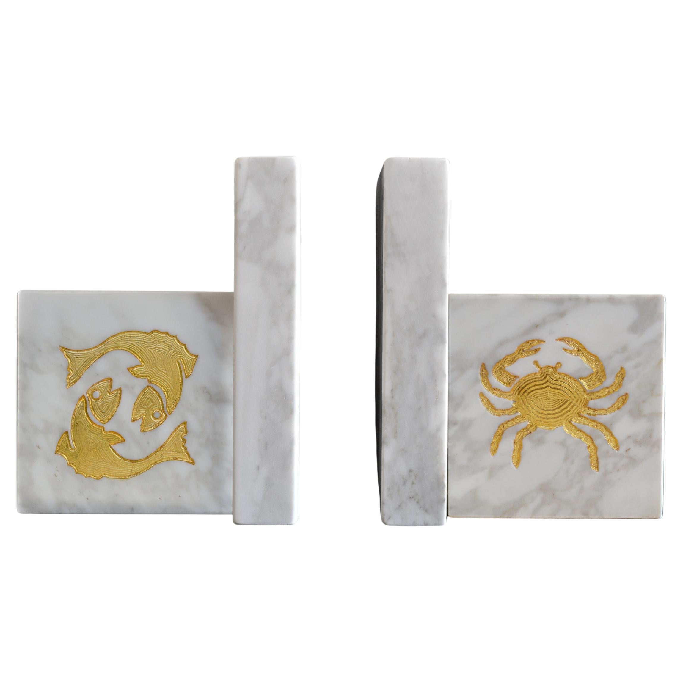Cupioli White Marble Bookends  gold leaf  Inlaid Zodiac  Handmade in Italy   For Sale