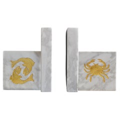 Marble bookends  set White Carrara gold leaf  Inlaid Zodiac  handmade in Italy  