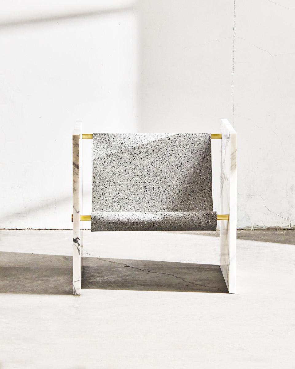 American Marble, Brass, and Mohair Chair by Slash Objects For Sale