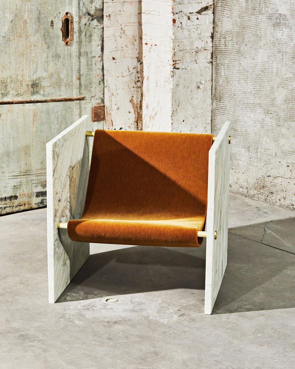 Marble, Brass, and Mohair Chair in Pistache by Slash Objects In New Condition For Sale In Brooklyn, NY