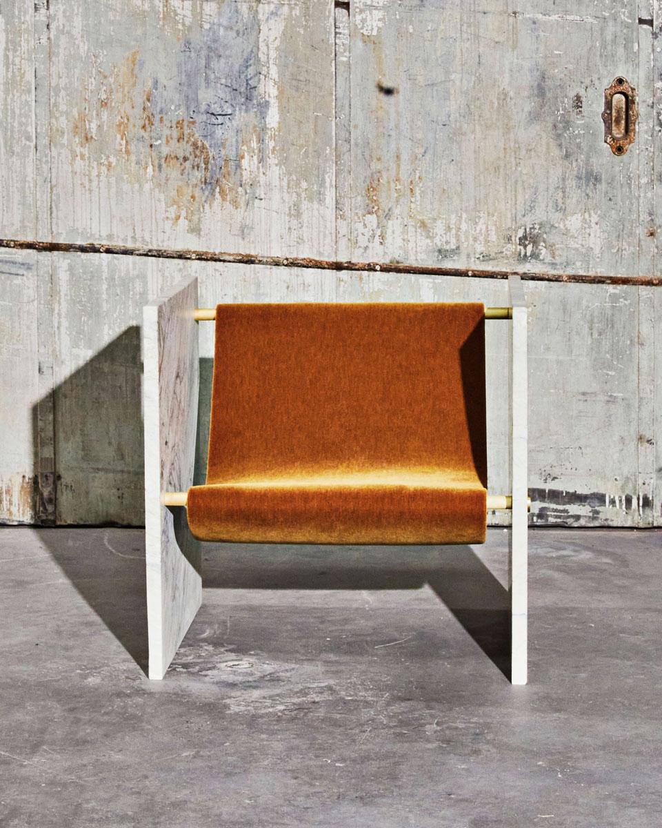 Contemporary Marble, Brass, and Mohair Chair in Pistache by Slash Objects For Sale