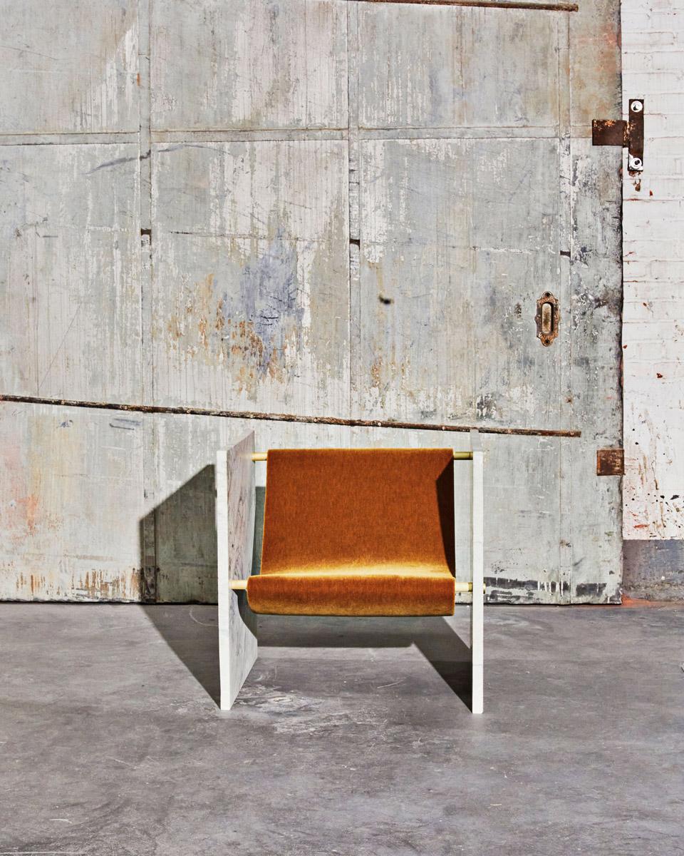 Marble, Brass, and Mohair Chair in Pistache by Slash Objects For Sale 1
