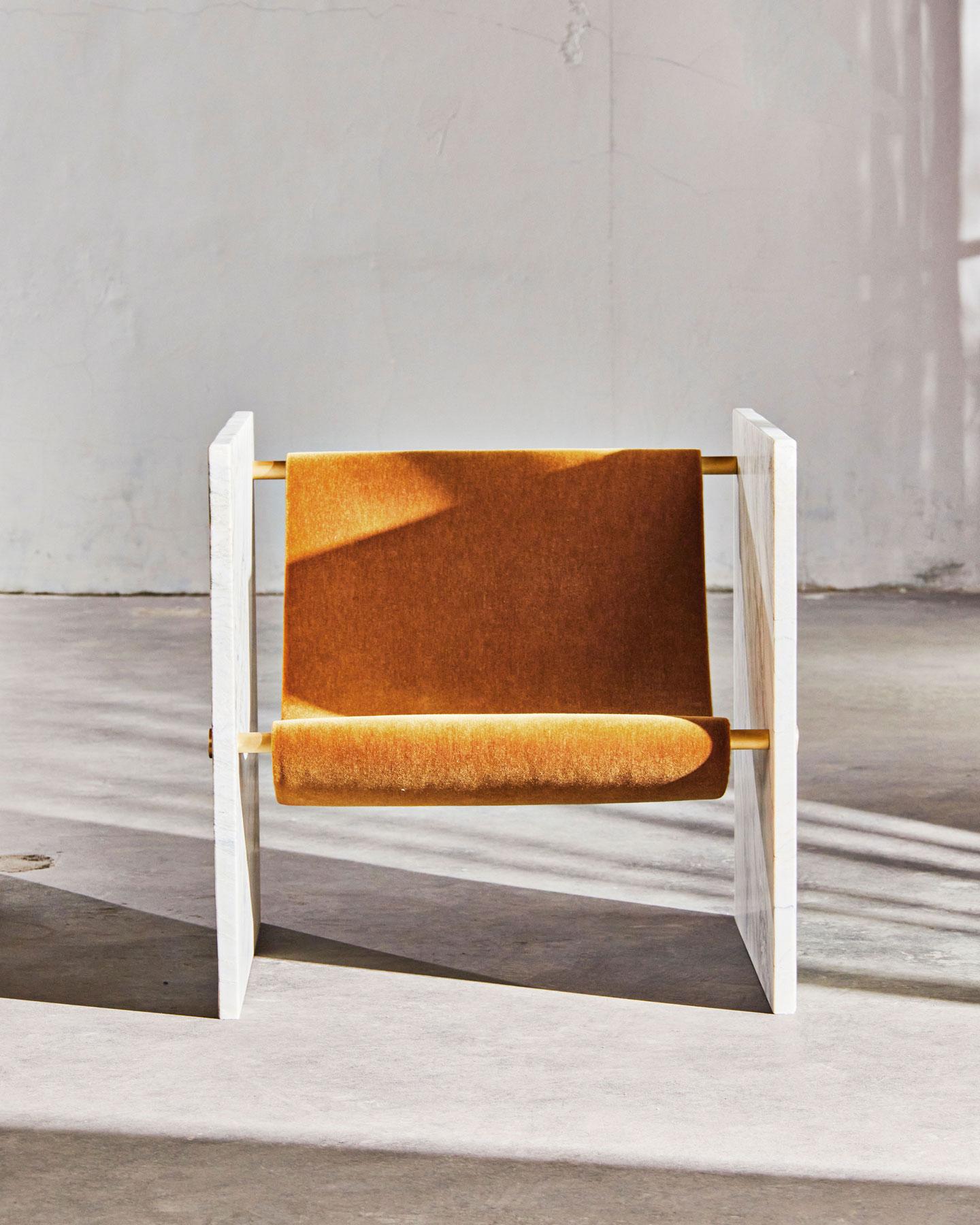 Marble, Brass, and Mohair Chair in Pistache by Slash Objects For Sale 2