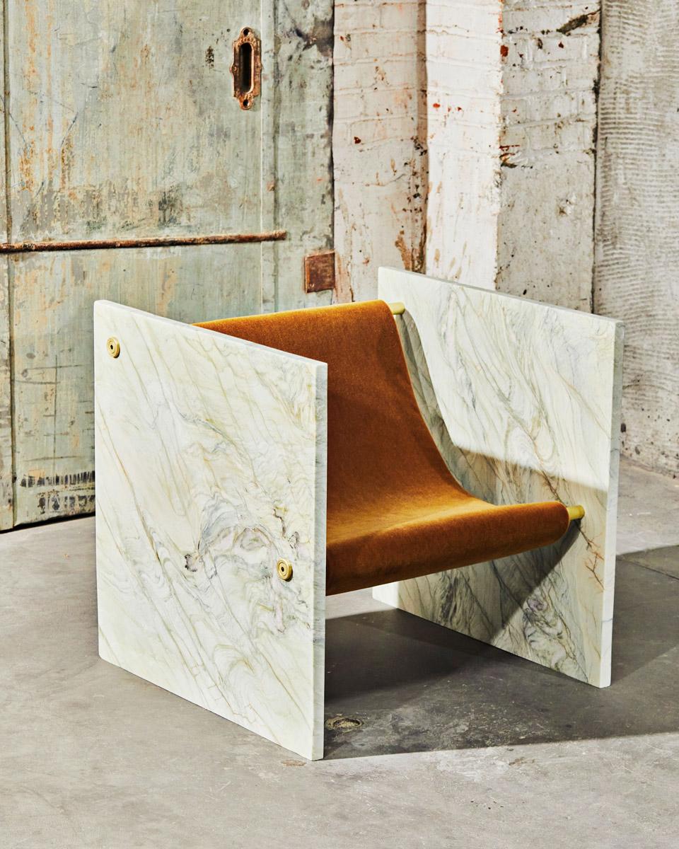 Marble, Brass, and Mohair Chair in Pistache by Slash Objects For Sale 3