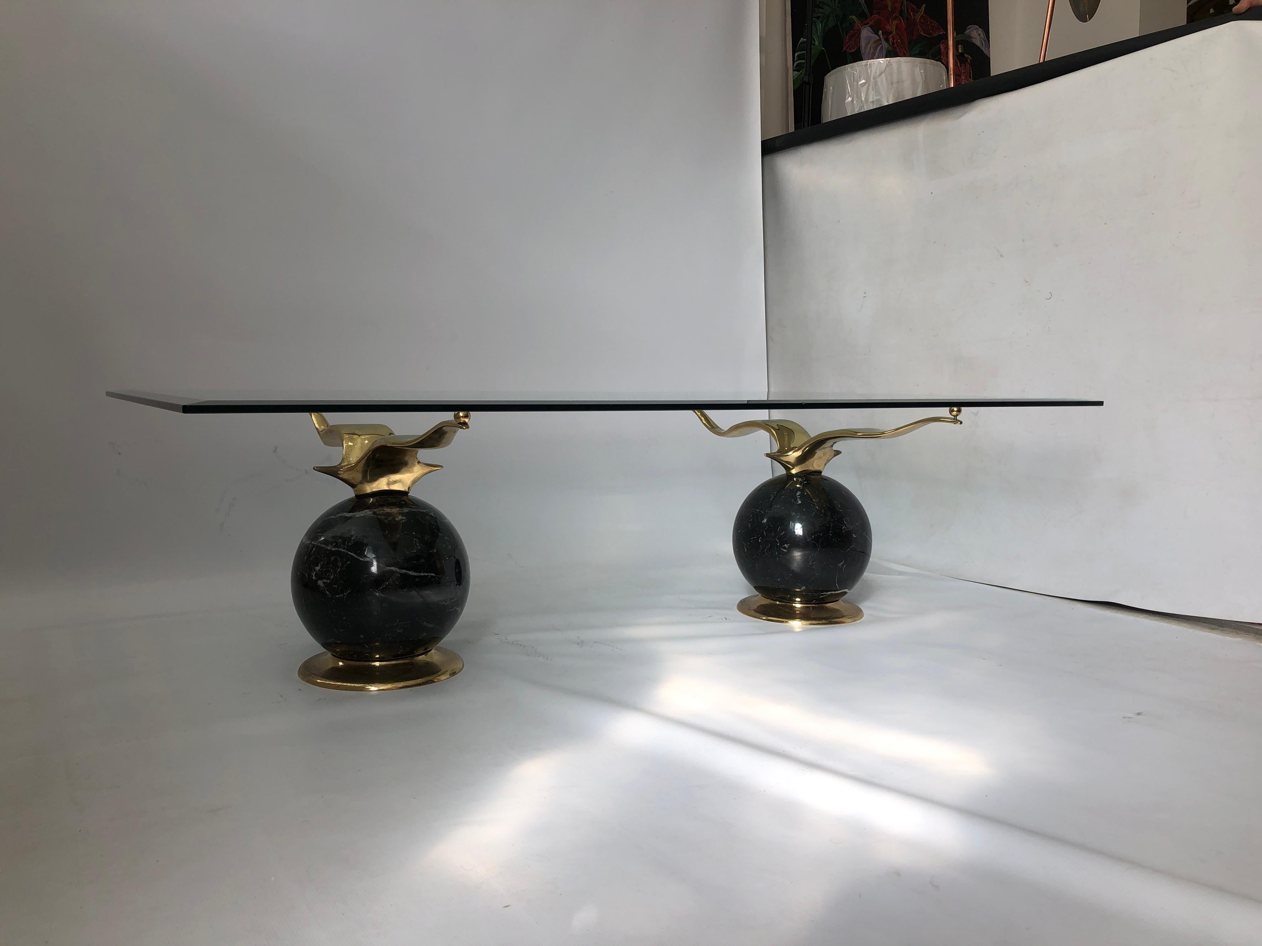 French Marble Brass Birds Glass Coffee Table 1970s Vintage Gold 1980s Hollywood Regency For Sale