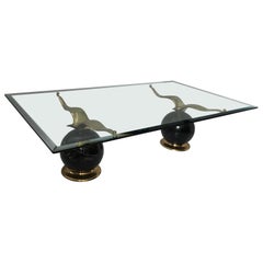 Marble Brass Birds Glass Coffee Table 1970s Vintage Gold 1980s Hollywood Regency