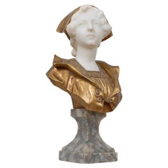 Buste de jeune fille Art Nouveau en marbre et bronze Sculpture Arts &amp; Crafts