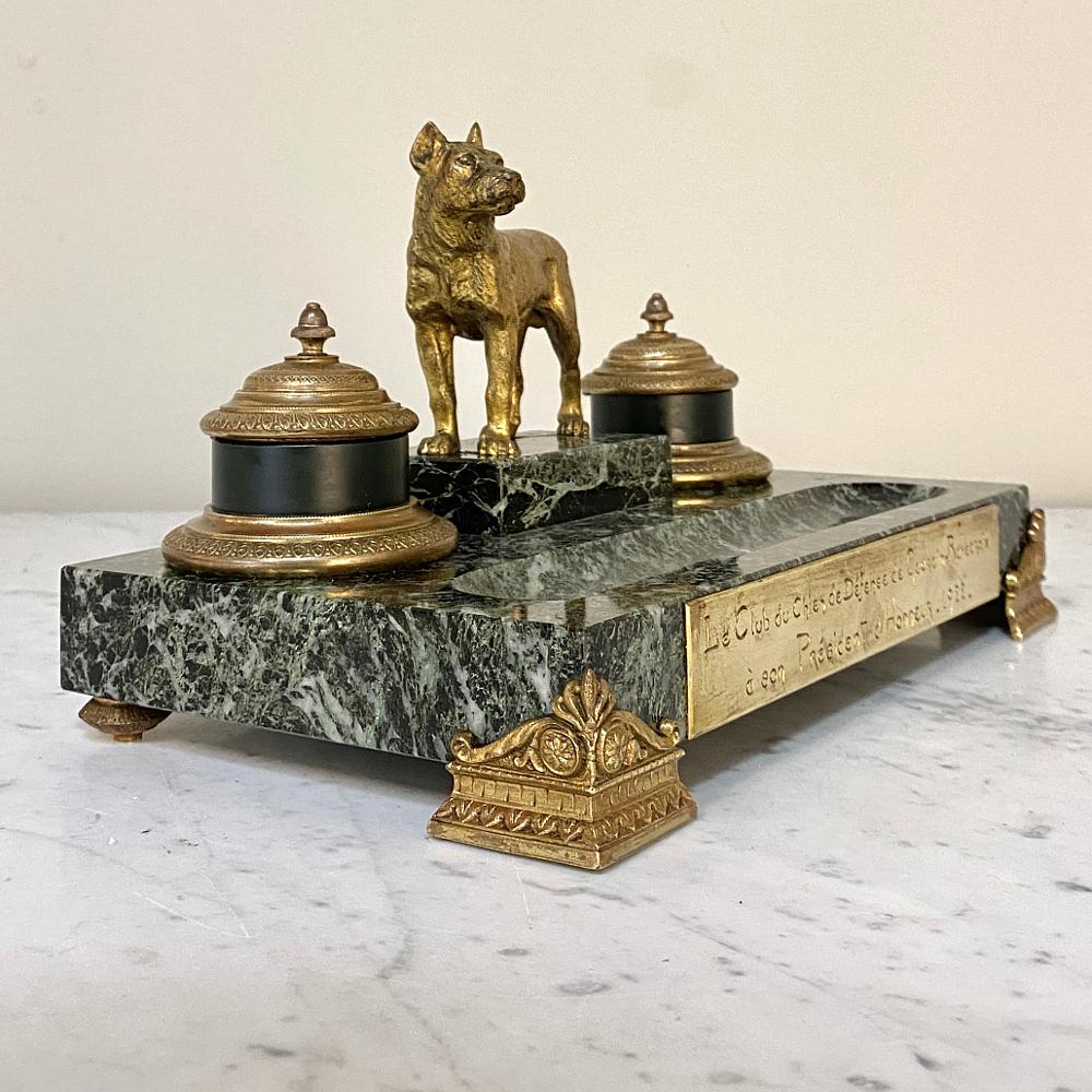 Marble and bronze inkwell for dog club ~ Art Deco period was presented to the Honorary President of the Gaurain-Ramecroix Guard Dog Club in 1922. Before the days of electric typewriters, word processors and computers, a desk with good old-fashioned