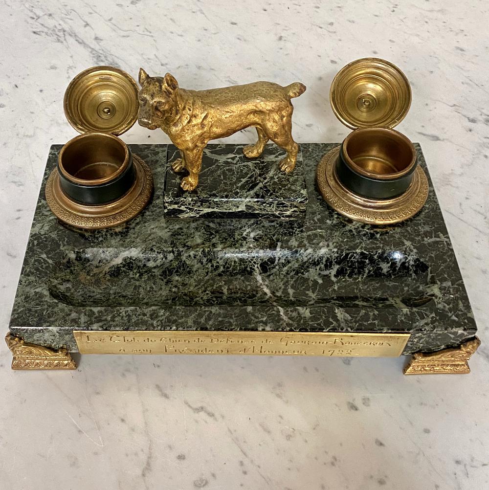 French Marble and Bronze Inkwell for Dog Club, Art Deco Period