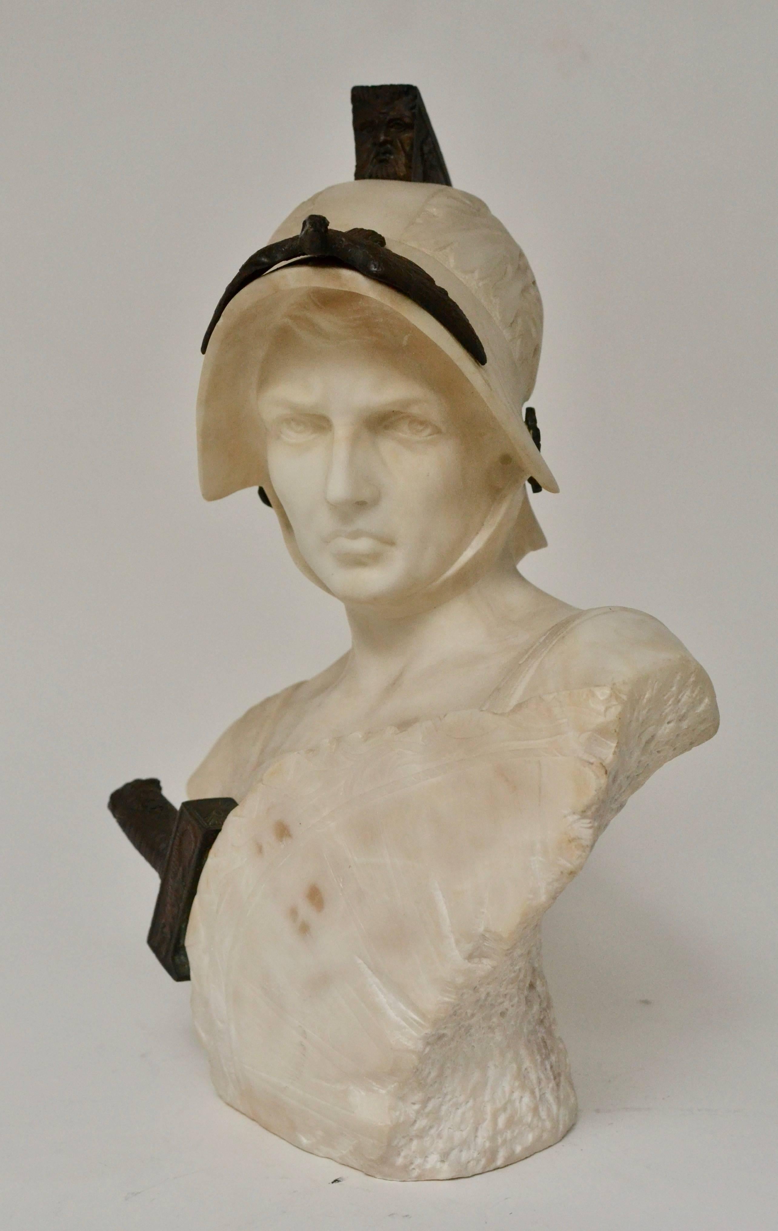 Marble bust of a warrior with bronze mounts, late 19th century.
 