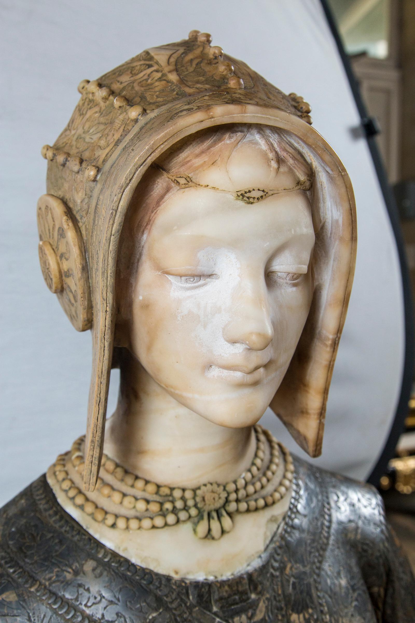 Hand-Carved Marble Bust of a Woman in Elizabeth Dress For Sale