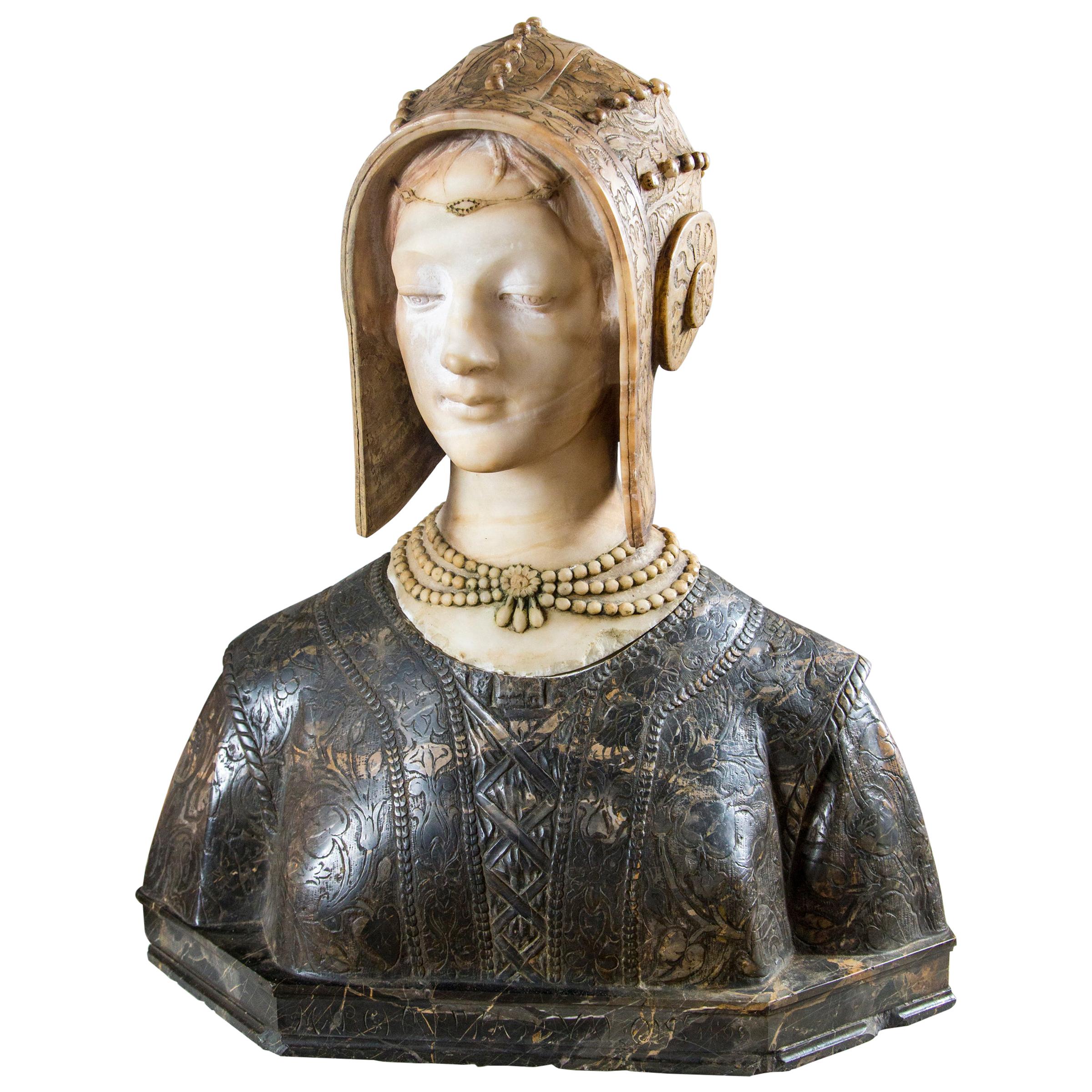 Marble Bust of a Woman in Elizabeth Dress For Sale