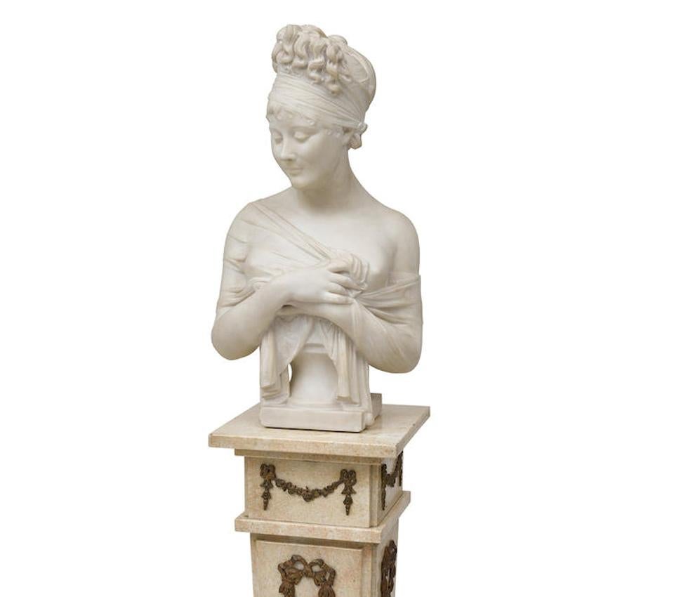 French Marble Bust of a Woman on Pedestal, 19th Century
