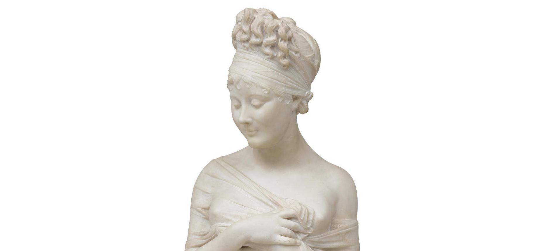 Hand-Carved Marble Bust of a Woman on Pedestal, 19th Century