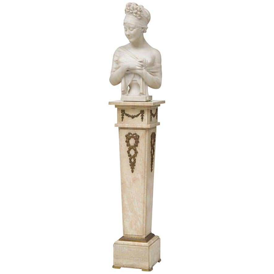 Marble Bust of a Woman on Pedestal, 19th Century