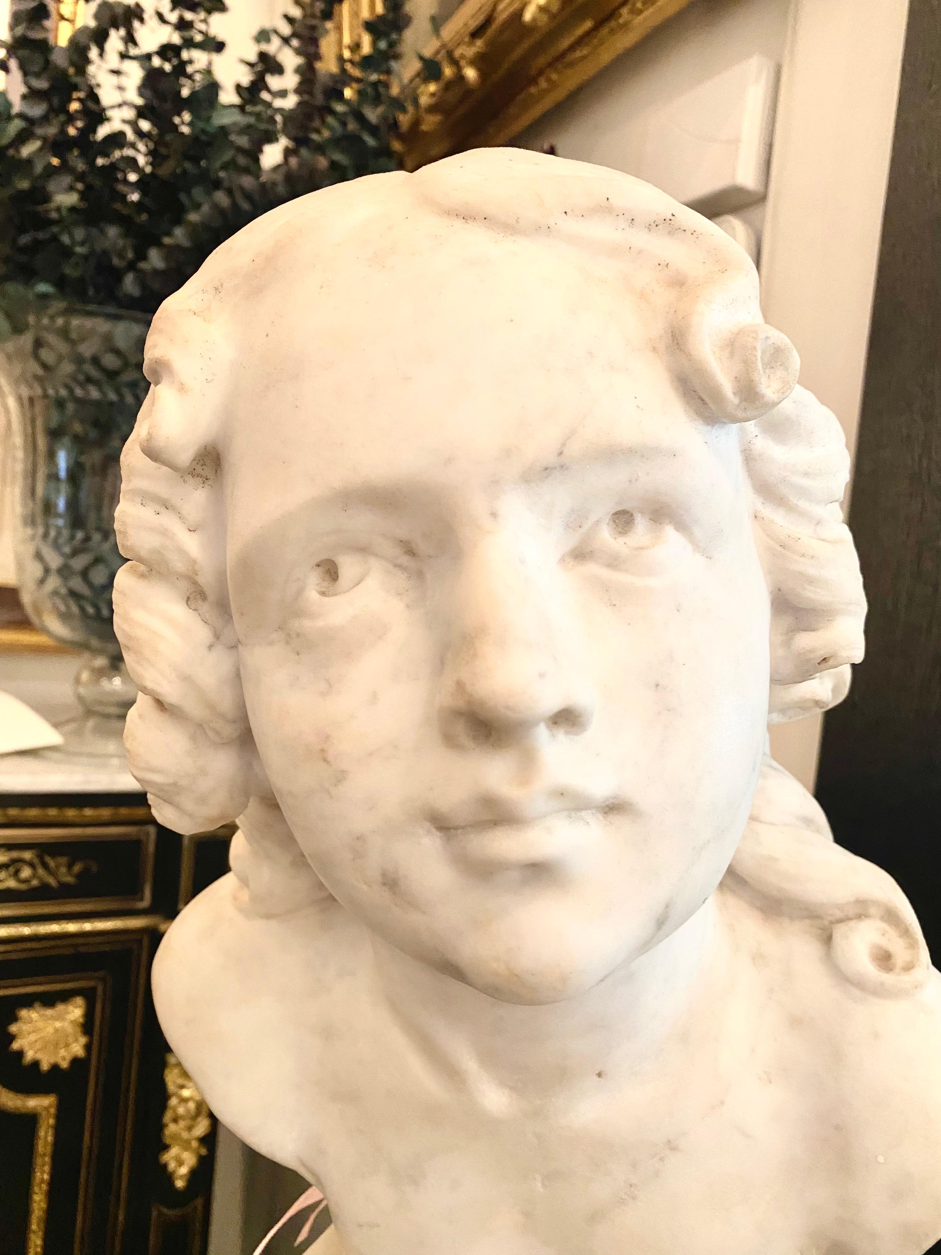 Marble Bust of a Young Man, Carrara Marble For Sale 7