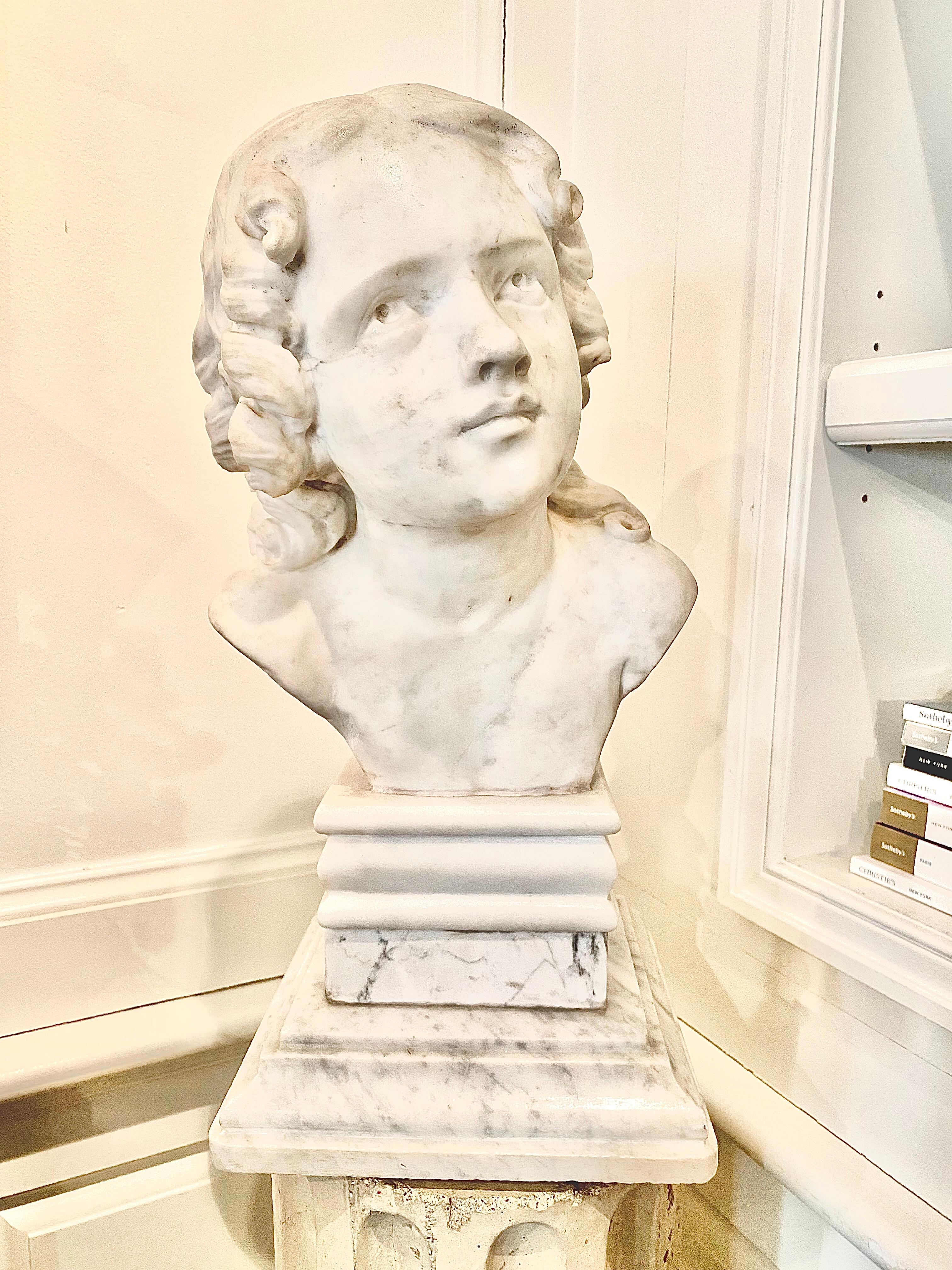 Neoclassical Marble Bust of a Young Man, Carrara Marble For Sale