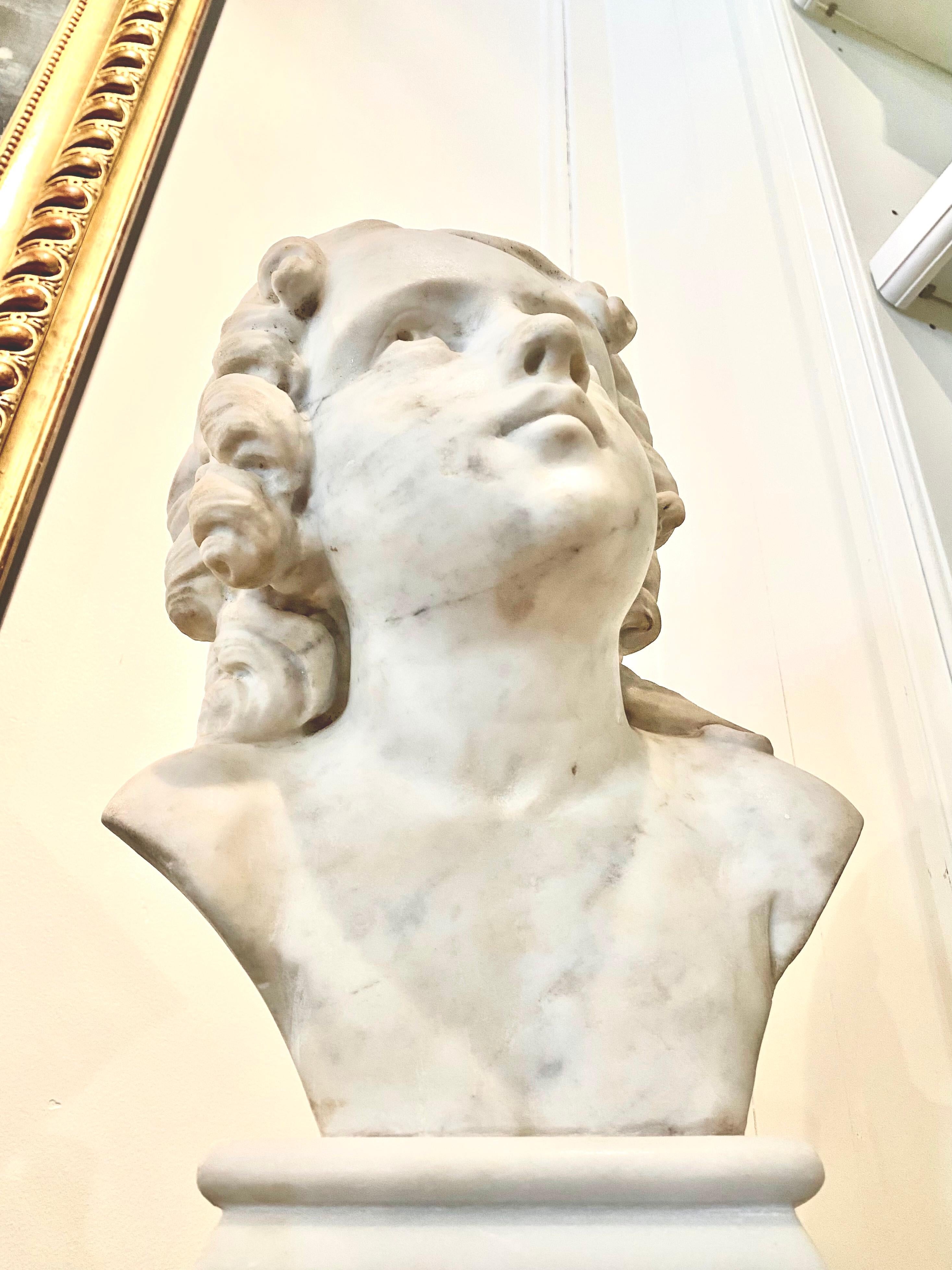 Marble Bust of a Young Man, Carrara Marble For Sale 3