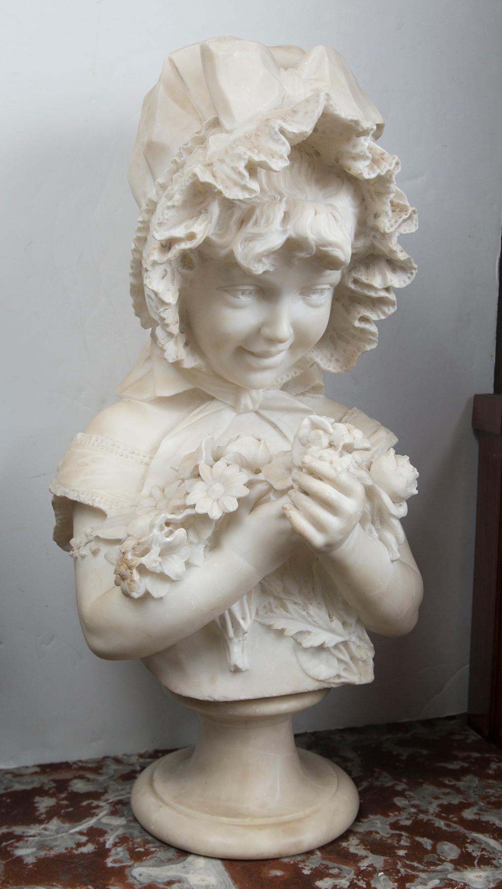 Hand-Carved Marble Bust of Child, Holding Flowers