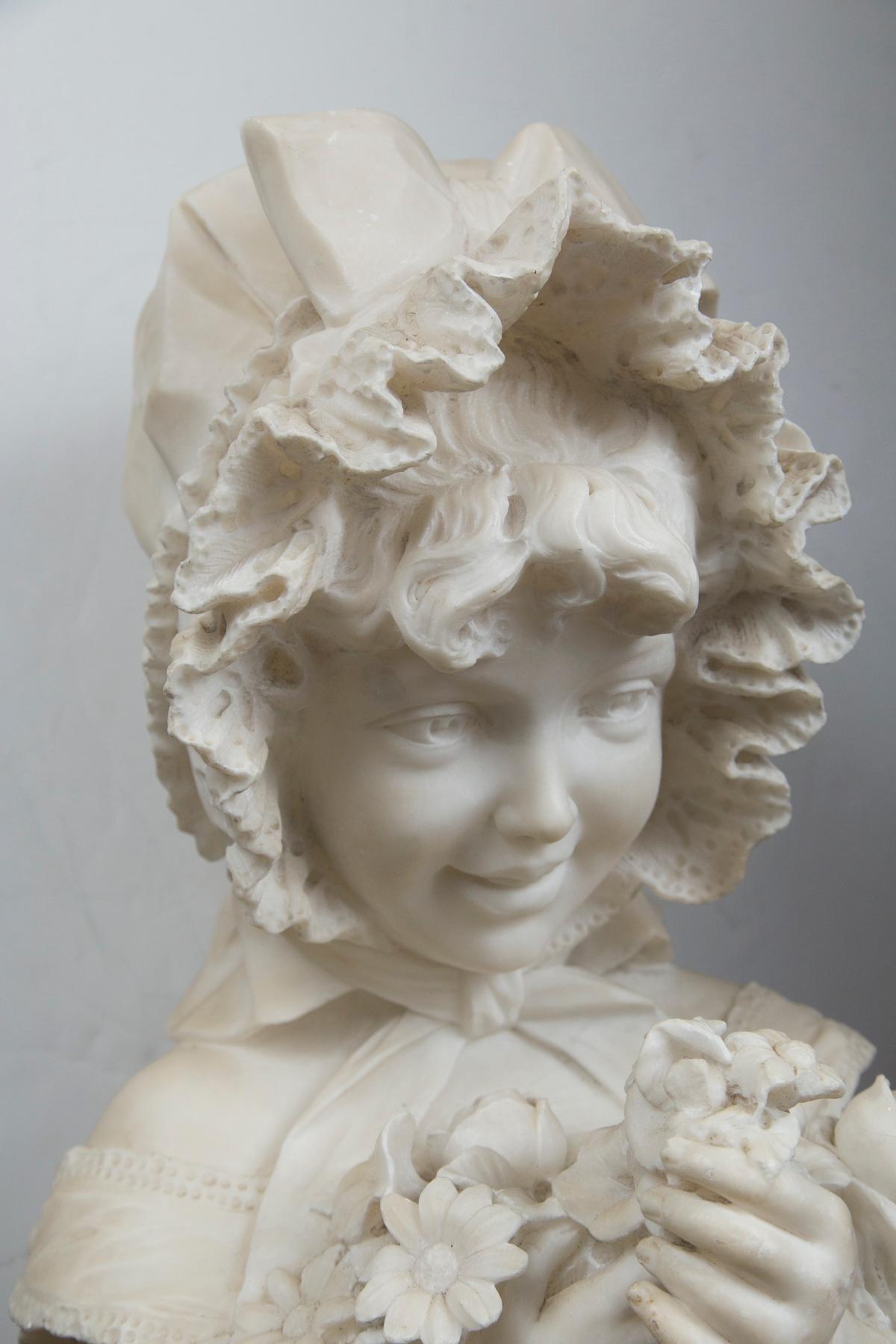 19th Century Marble Bust of Child, Holding Flowers