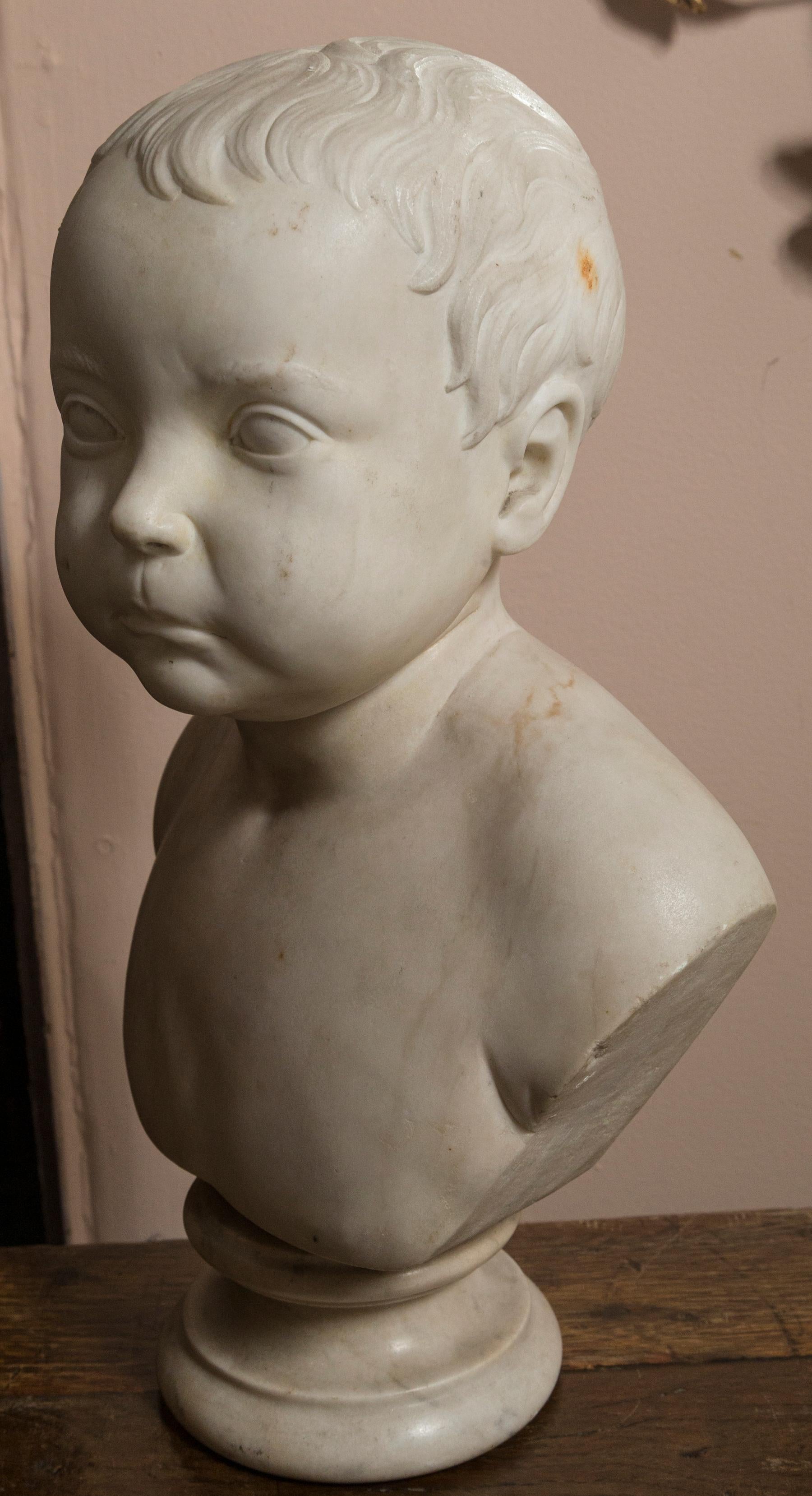 English Marble Bust of Child, Signed and Dated For Sale