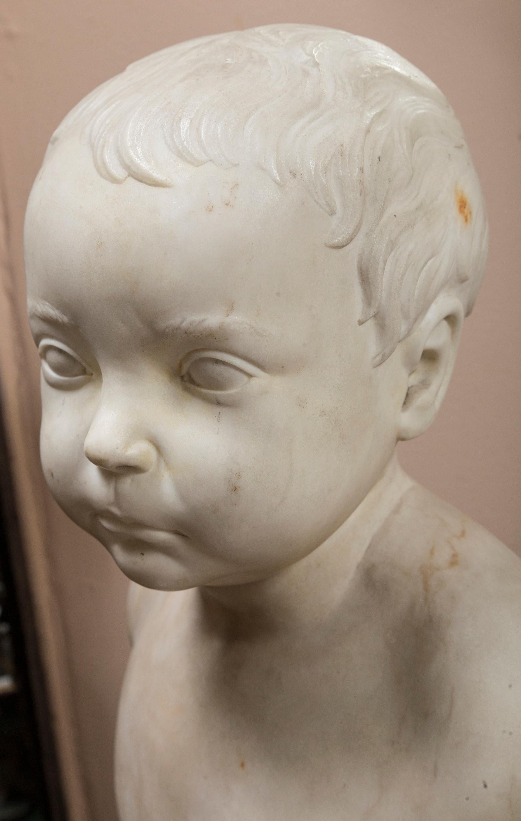 Hand-Carved Marble Bust of Child, Signed and Dated For Sale