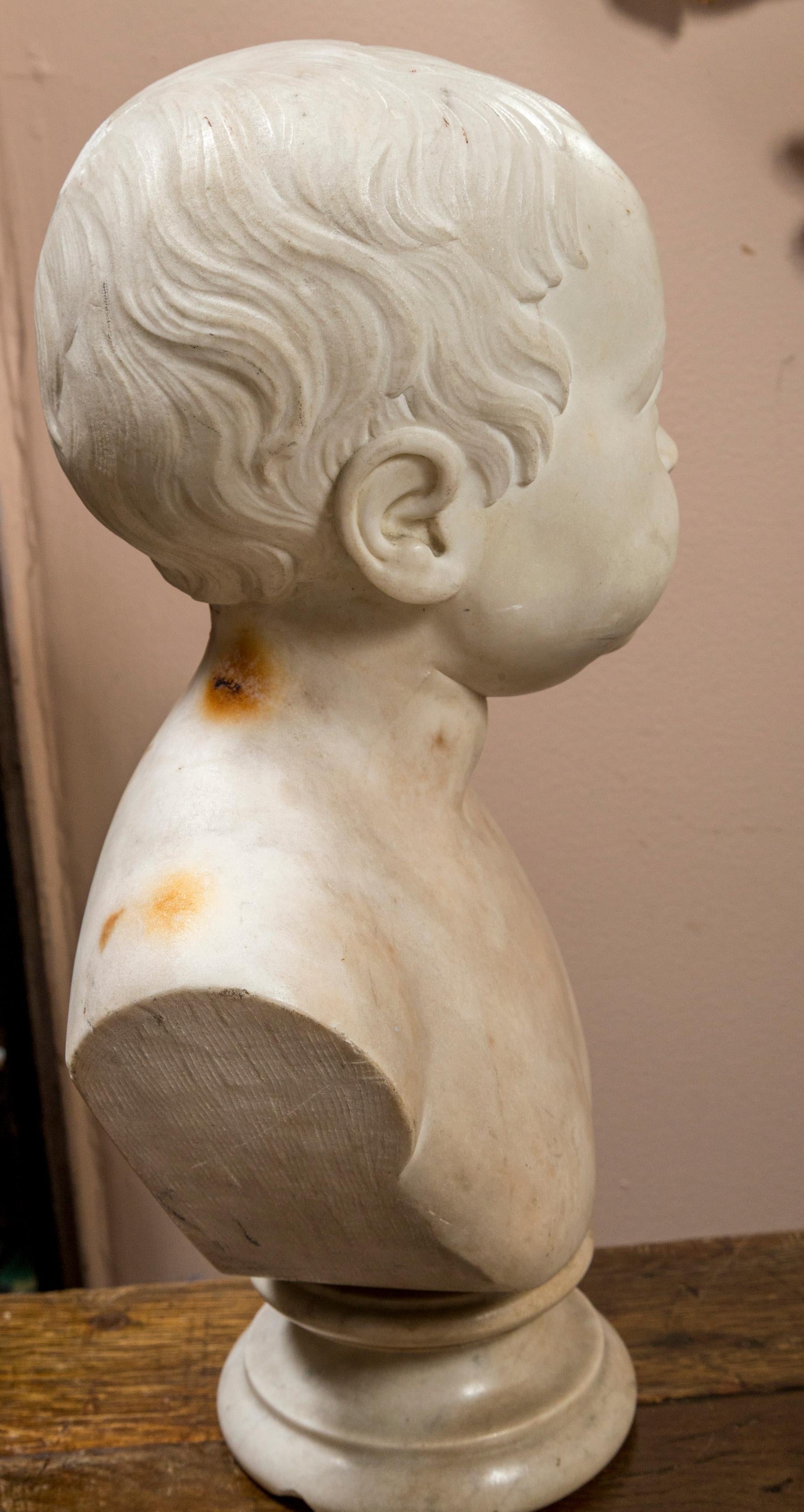 Marble Bust of Child, Signed and Dated In Good Condition For Sale In Woodbury, CT
