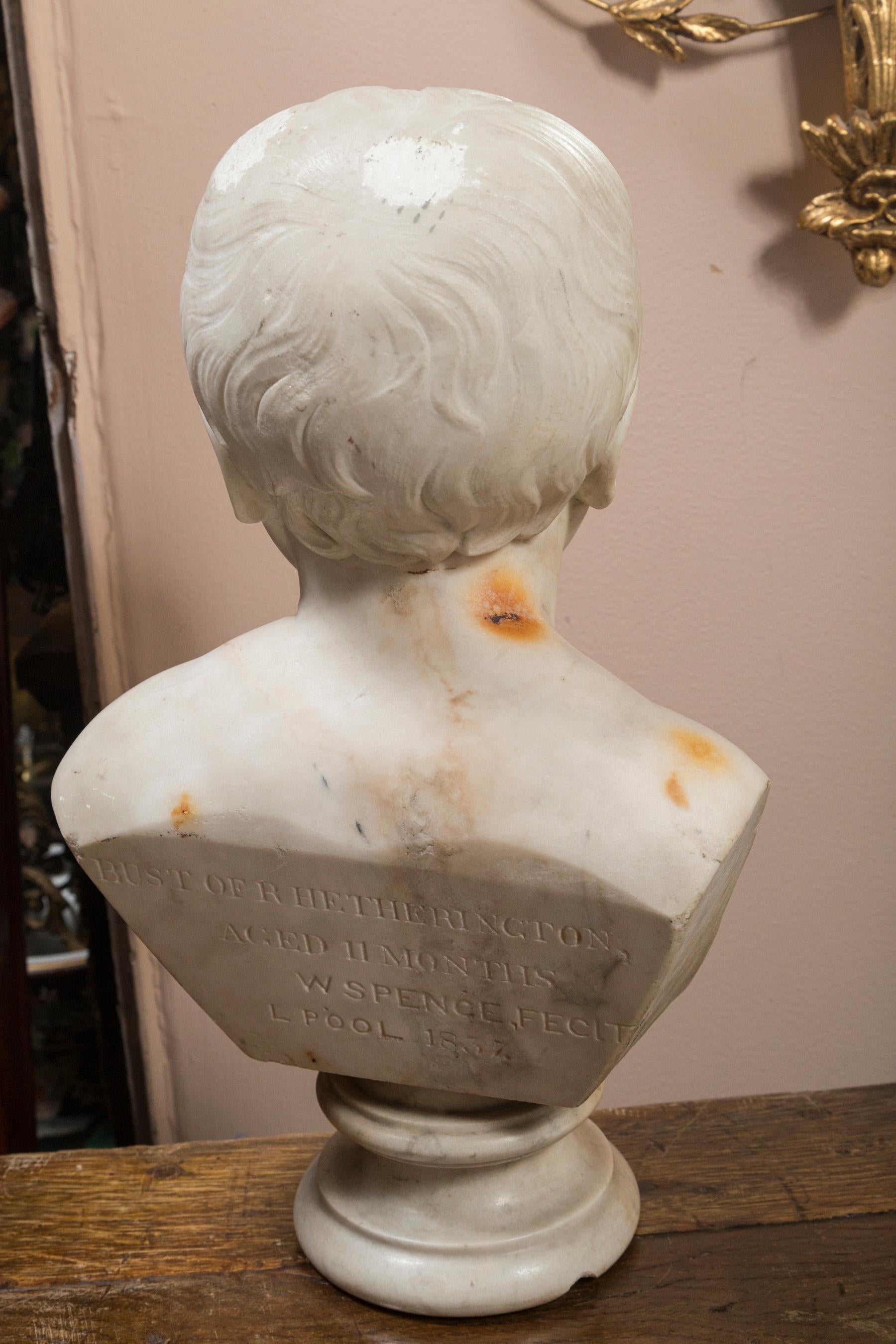 Mid-19th Century Marble Bust of Child, Signed and Dated For Sale