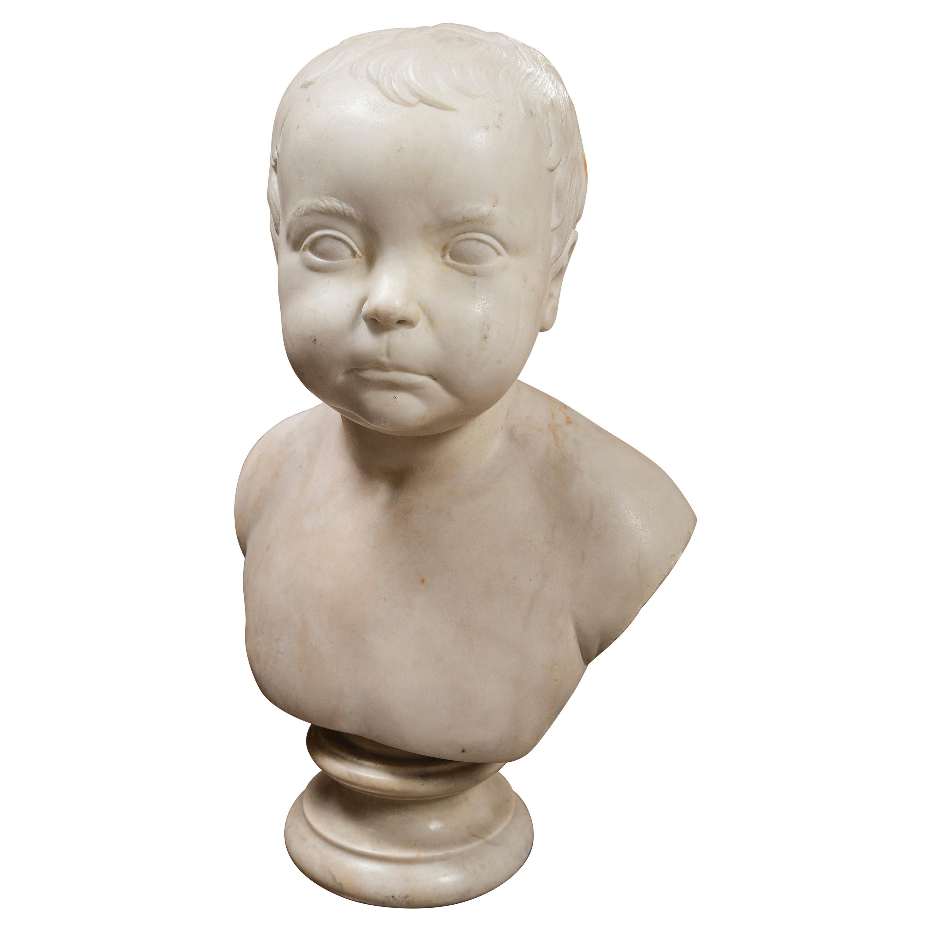 Marble Bust of Child, Signed and Dated For Sale