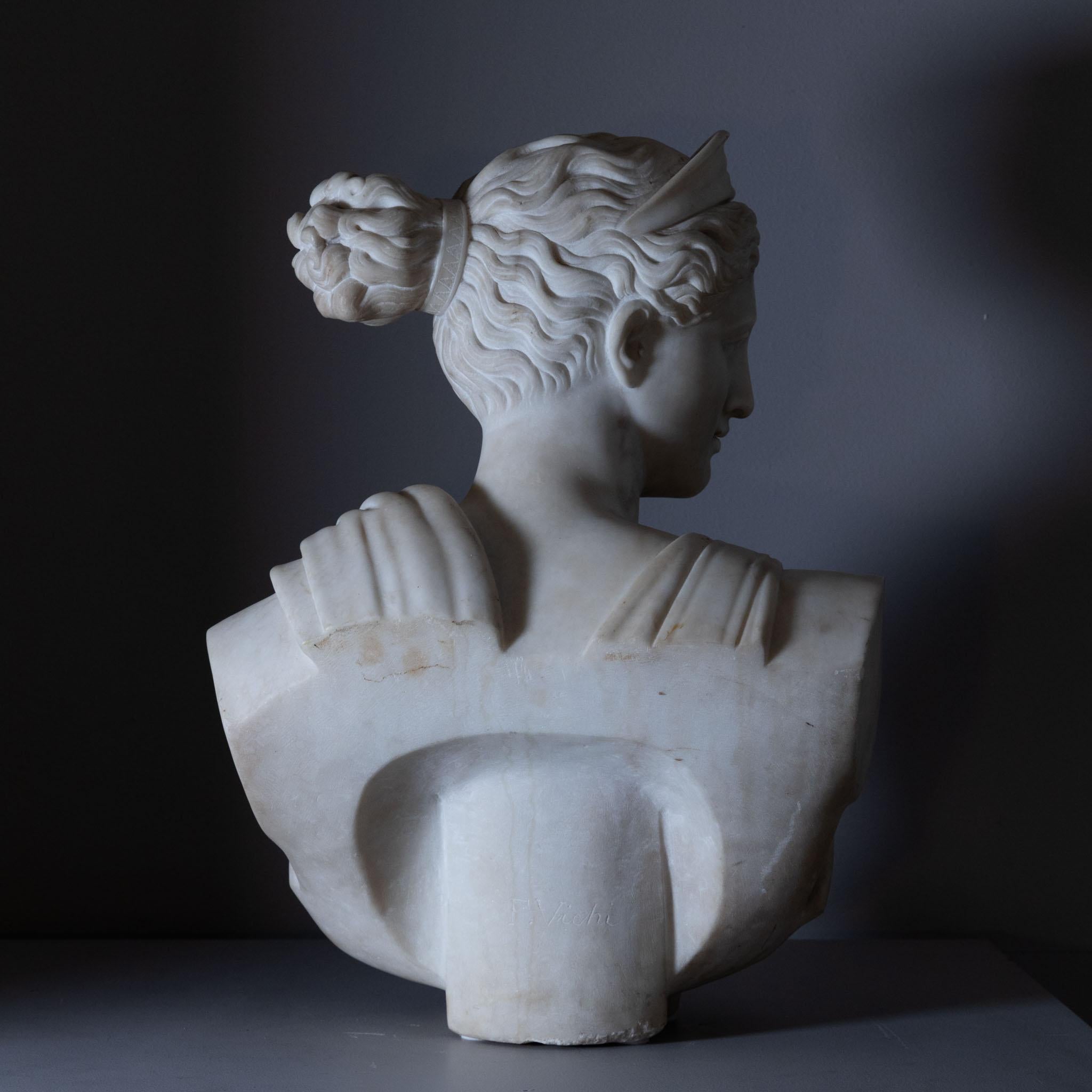 Neoclassical Revival Marble Bust of Diana by Ferdinand Vichi, circa 1900