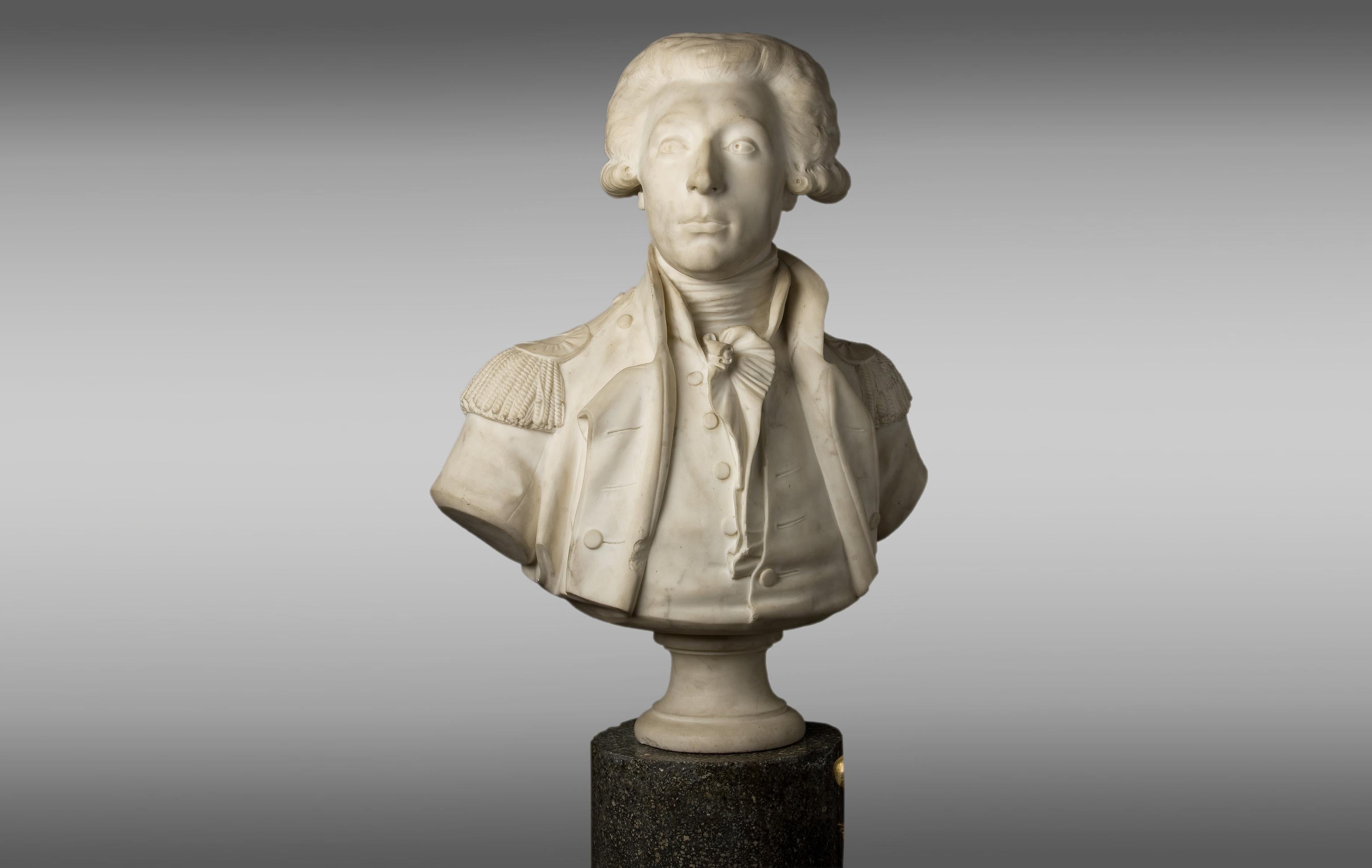 Marble bust of General La Fayette
Circa 1835
In stucco columna.

Measures bust:
Heigth: 77 cm.
Length: 58 cm.
Depth: 33 cm.

Measures column:
Height: 119,5 cm.
Diameter: 38 cm.