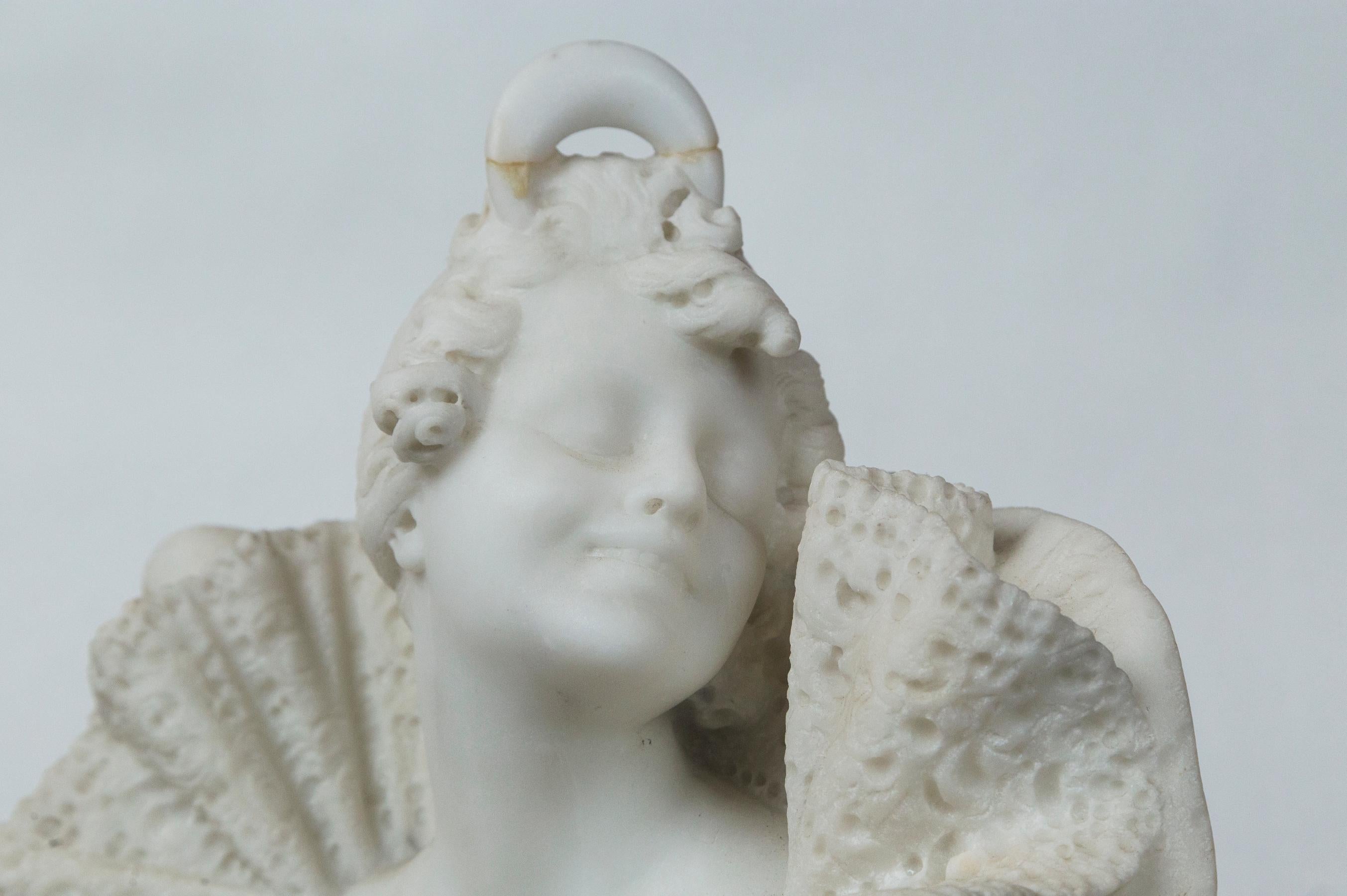 Hand-Carved Marble Bust of Lady with a Frilly Collar For Sale