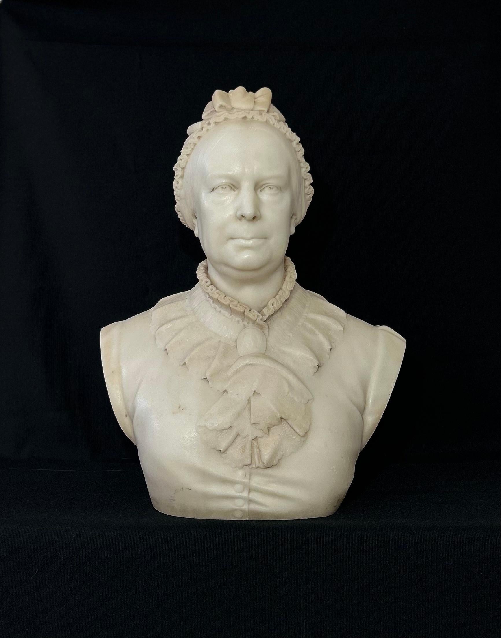 A life size marble bust of Queen Victoria, in excellent condition with no chips or defects. 
Queen Victoria is associated with Britain's great age of Industrial Expansion, economic progress and, especially, Empire. At her death, it was said, Britain