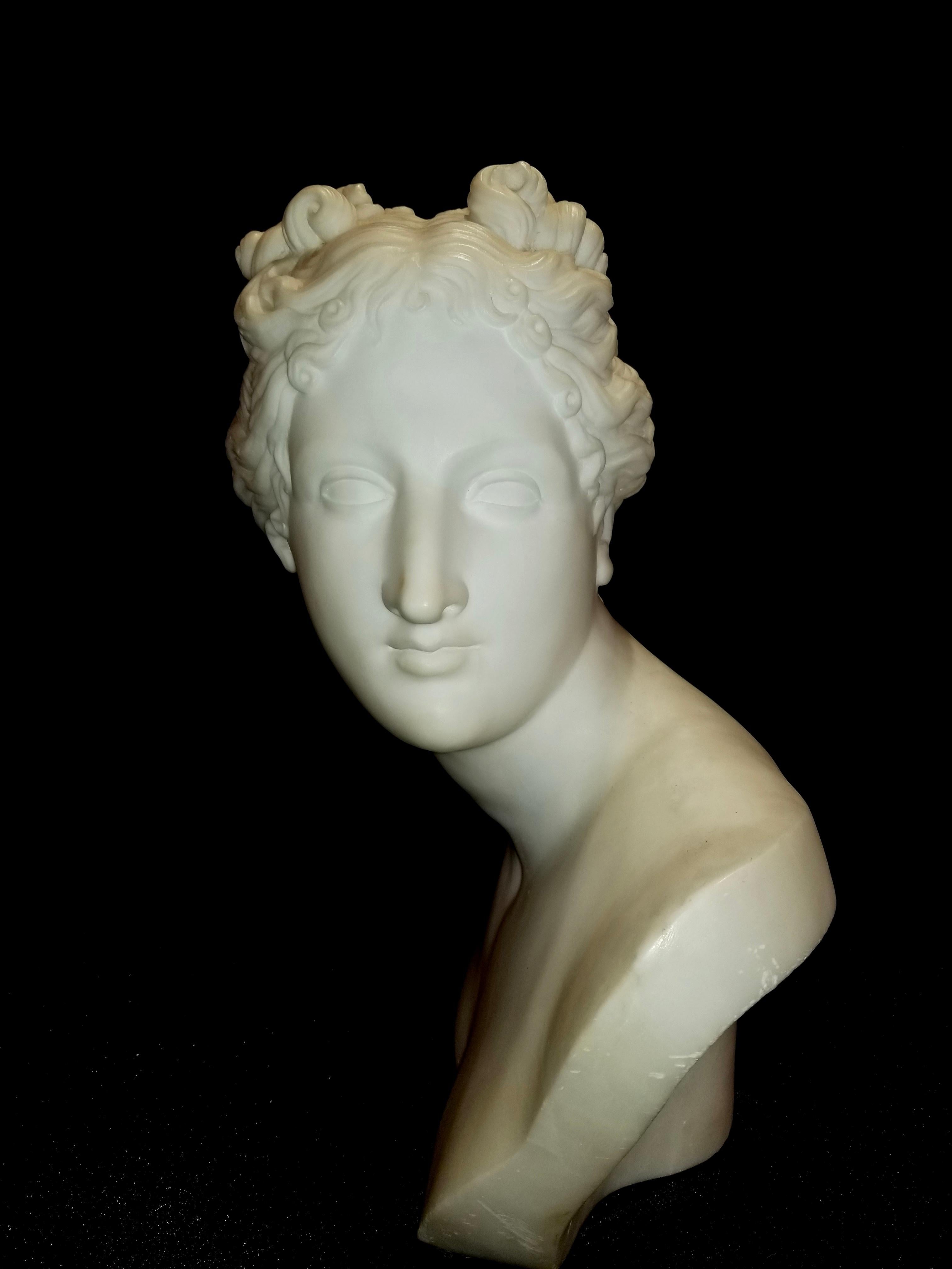 A beautiful neoclassical hand-chiseled marble bust of venus after Antonio Canova, Signed Pietro Bazzanti, Florence. This beautiful bust was originally made by Antonio Canova (1757-1822). An intricate amount of detail was placed in hand-chiseling the