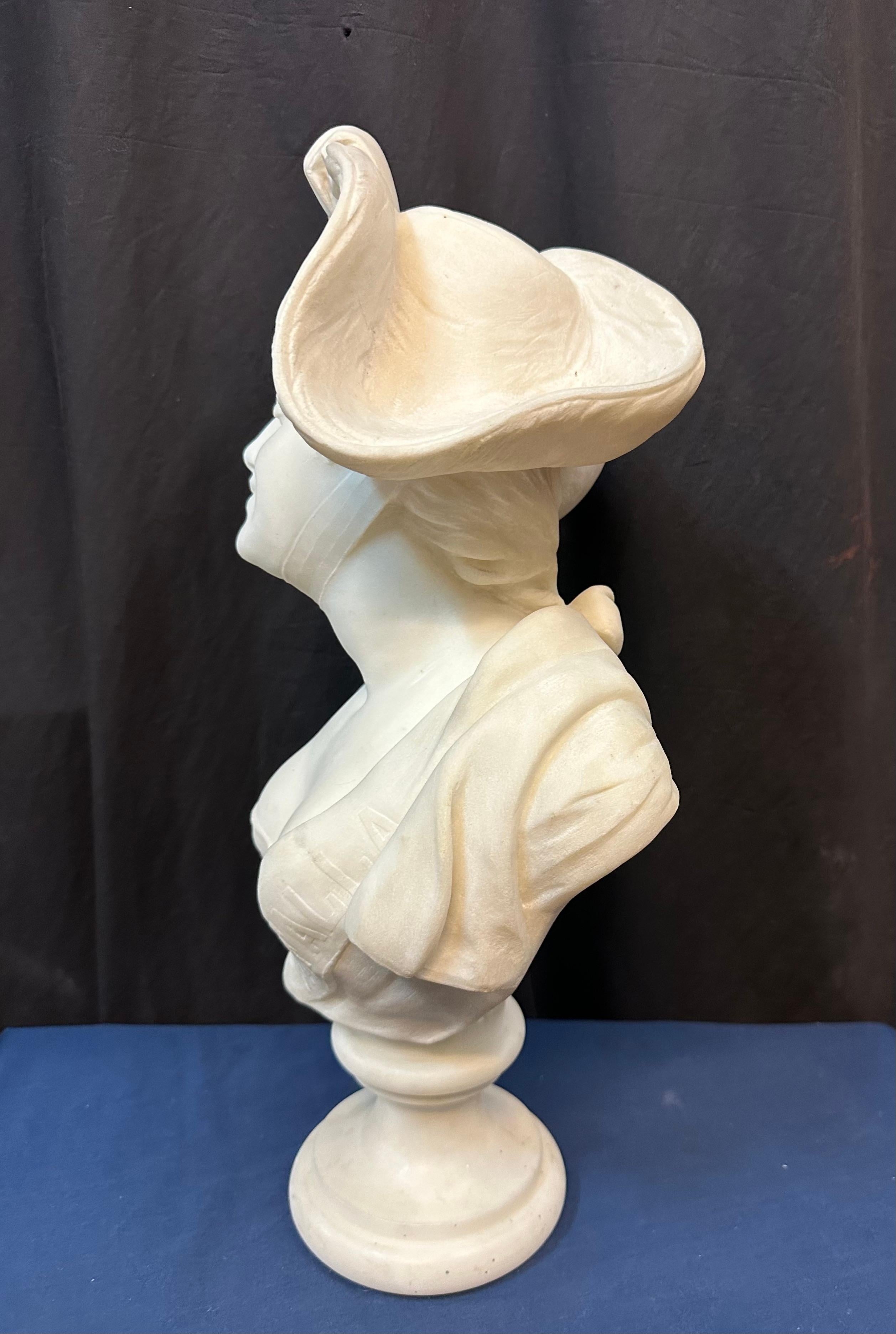 Victorian marble bust of woman wearing a hat For Sale
