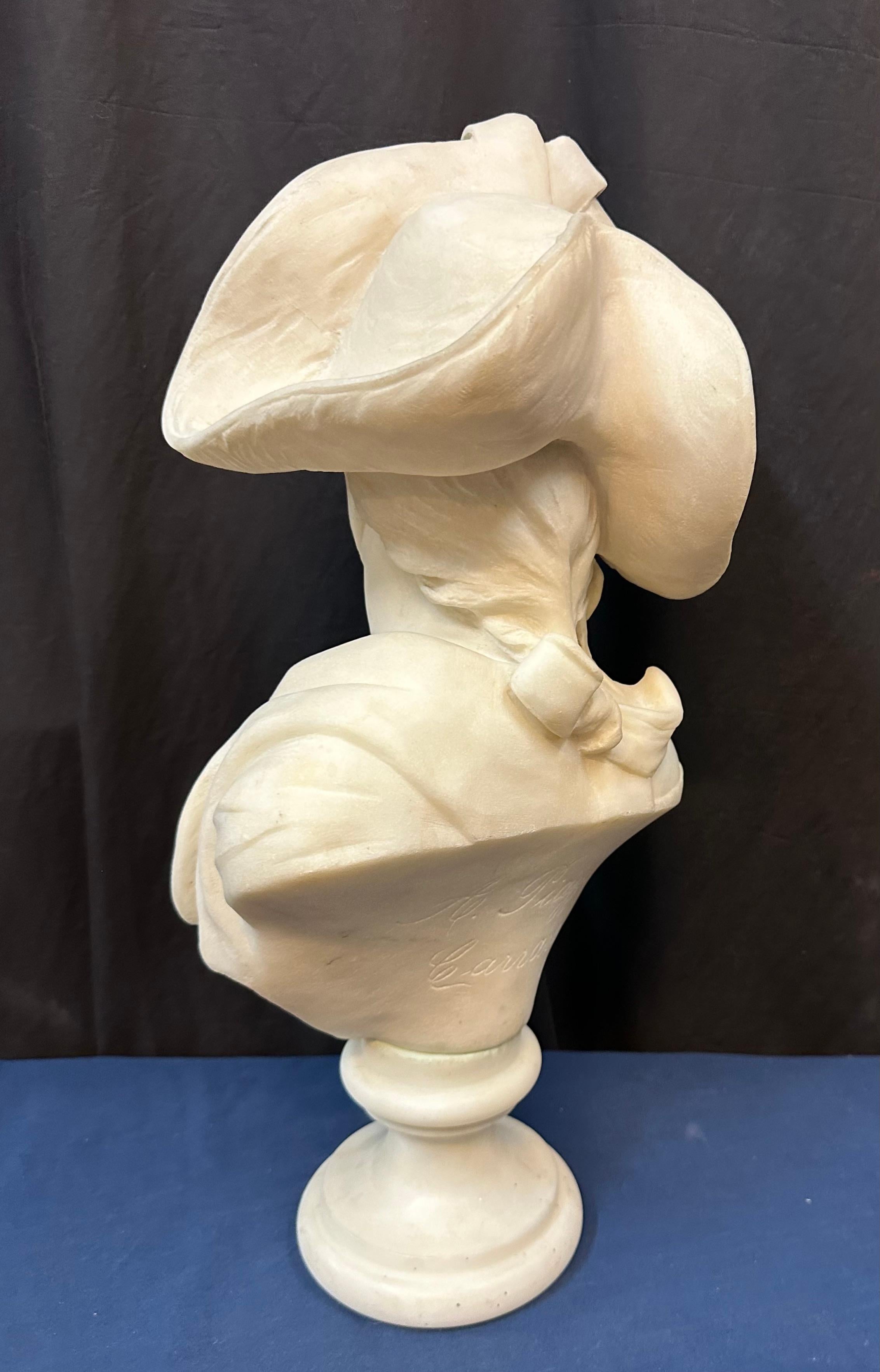 Italian marble bust of woman wearing a hat For Sale
