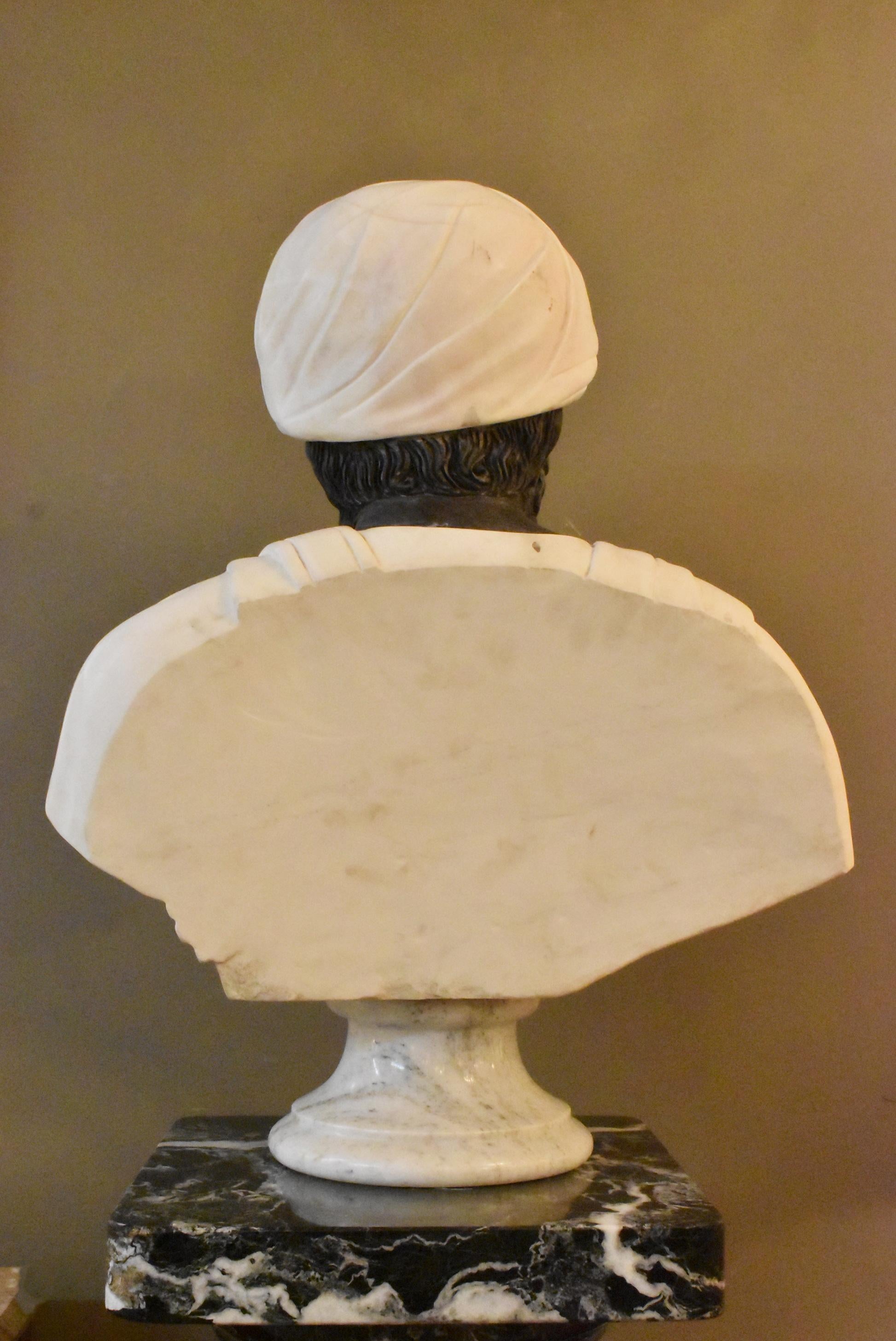 Unknown Marble Bust & Pedestal Middle Eastern Man in Turban For Sale