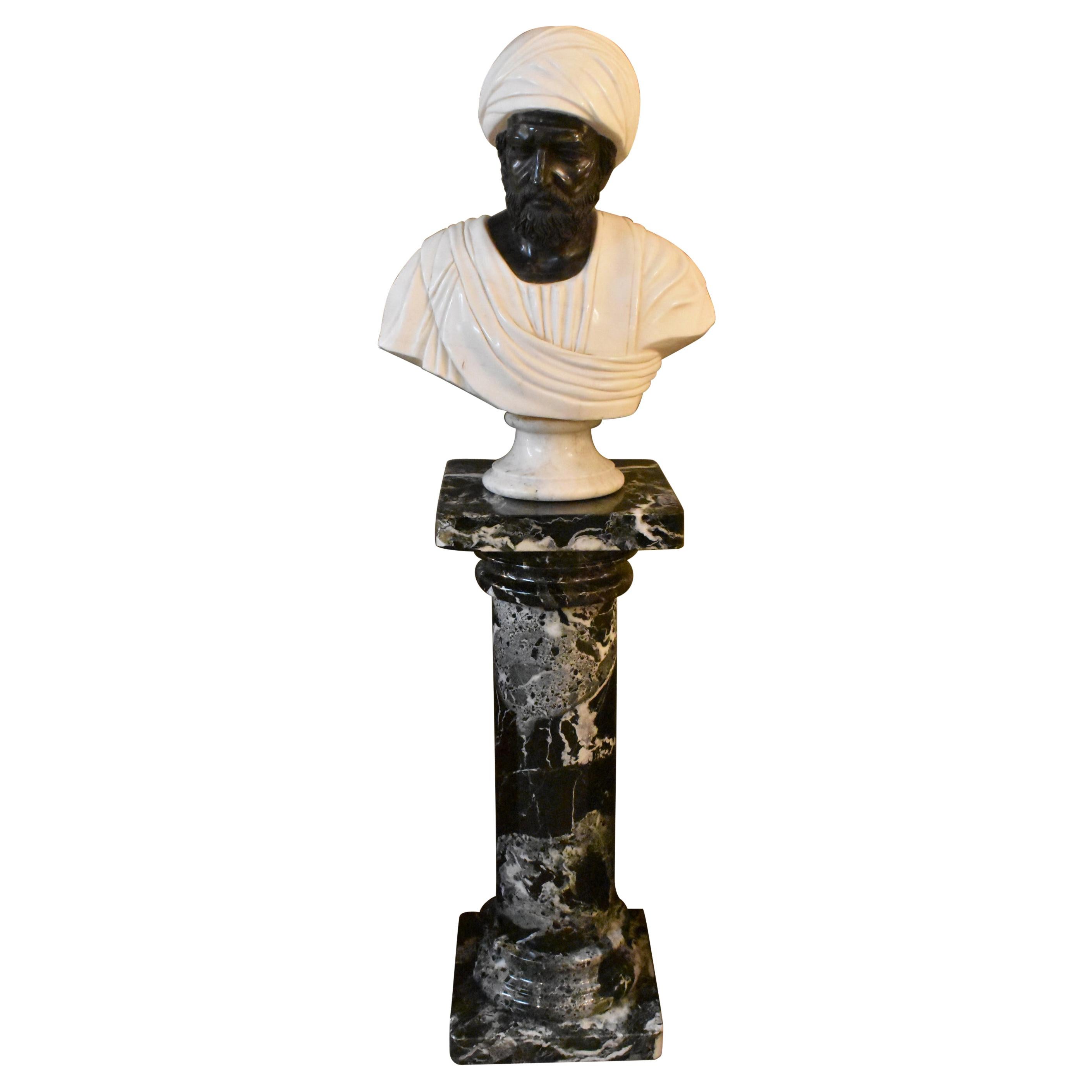 Marble Bust & Pedestal Middle Eastern Man in Turban For Sale