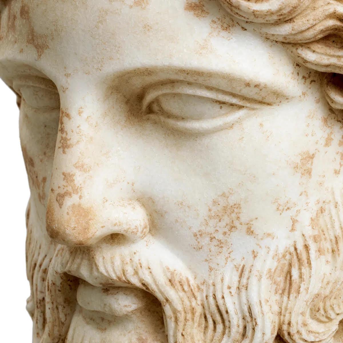 Marble bust representing Hermes, patinated marble, contemporary work.

Hermes bust in patinated marble and black granite base, reproduction of a 1st-2nd century Roman bust.

H: 49.5 cm, W: 28 cm, D: 28 cm