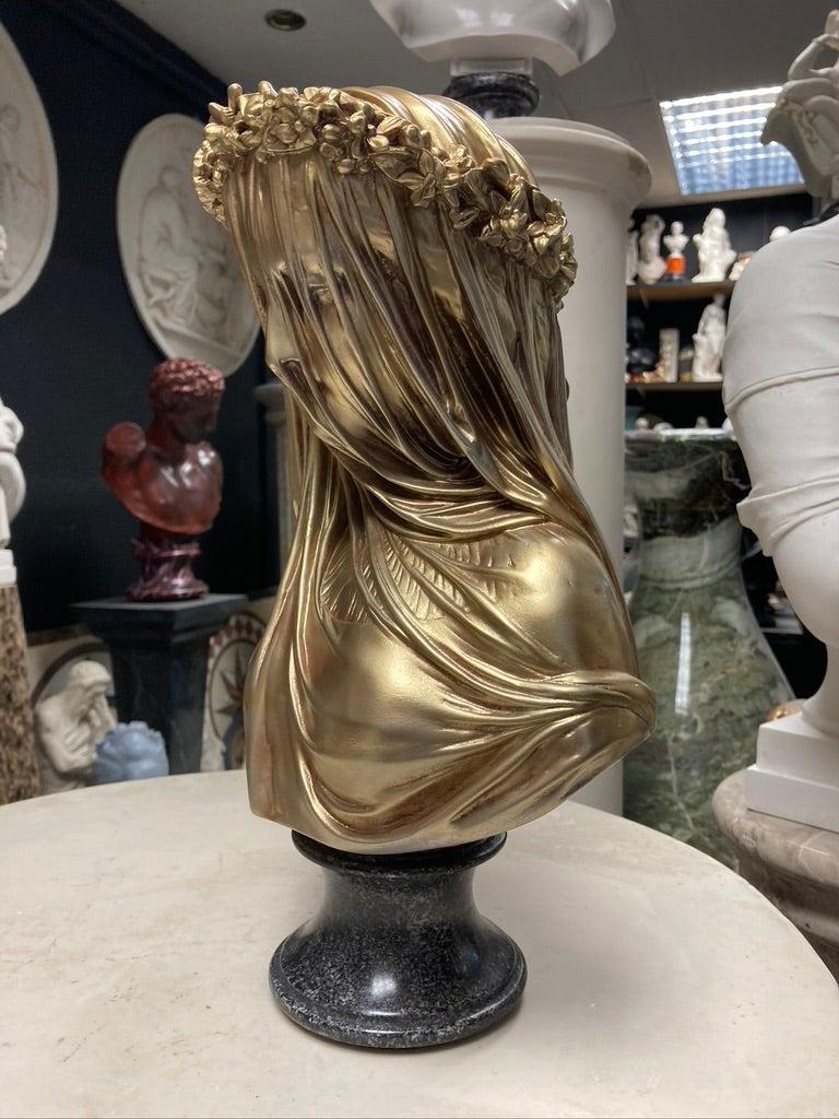 European Marble Bust Sculpture of Veiled Lady in Antique Gold, 20th Century