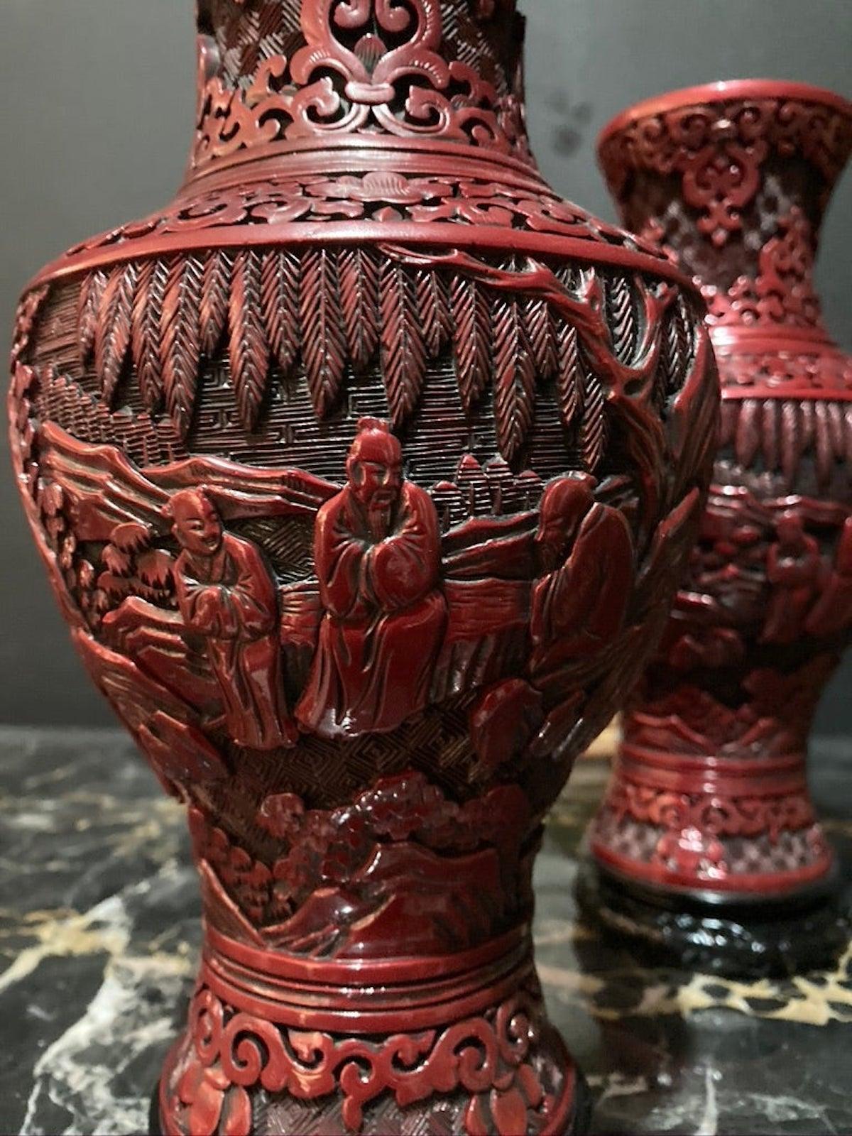 European Marble Carved Japanese Style Pair of Vase in Red Lacquer