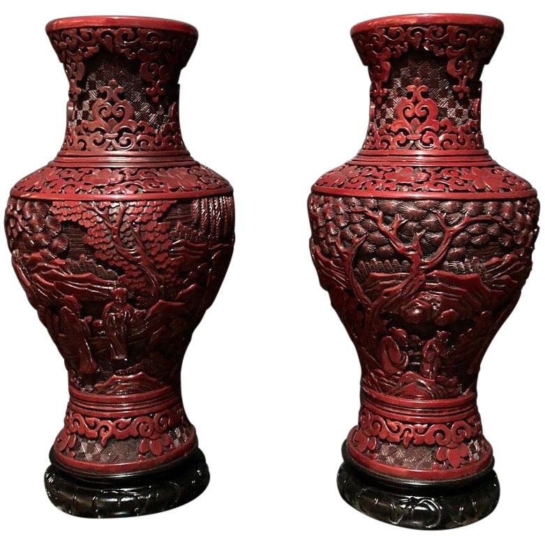 Marble Carved Japanese Style Pair of Vase in Red Lacquer