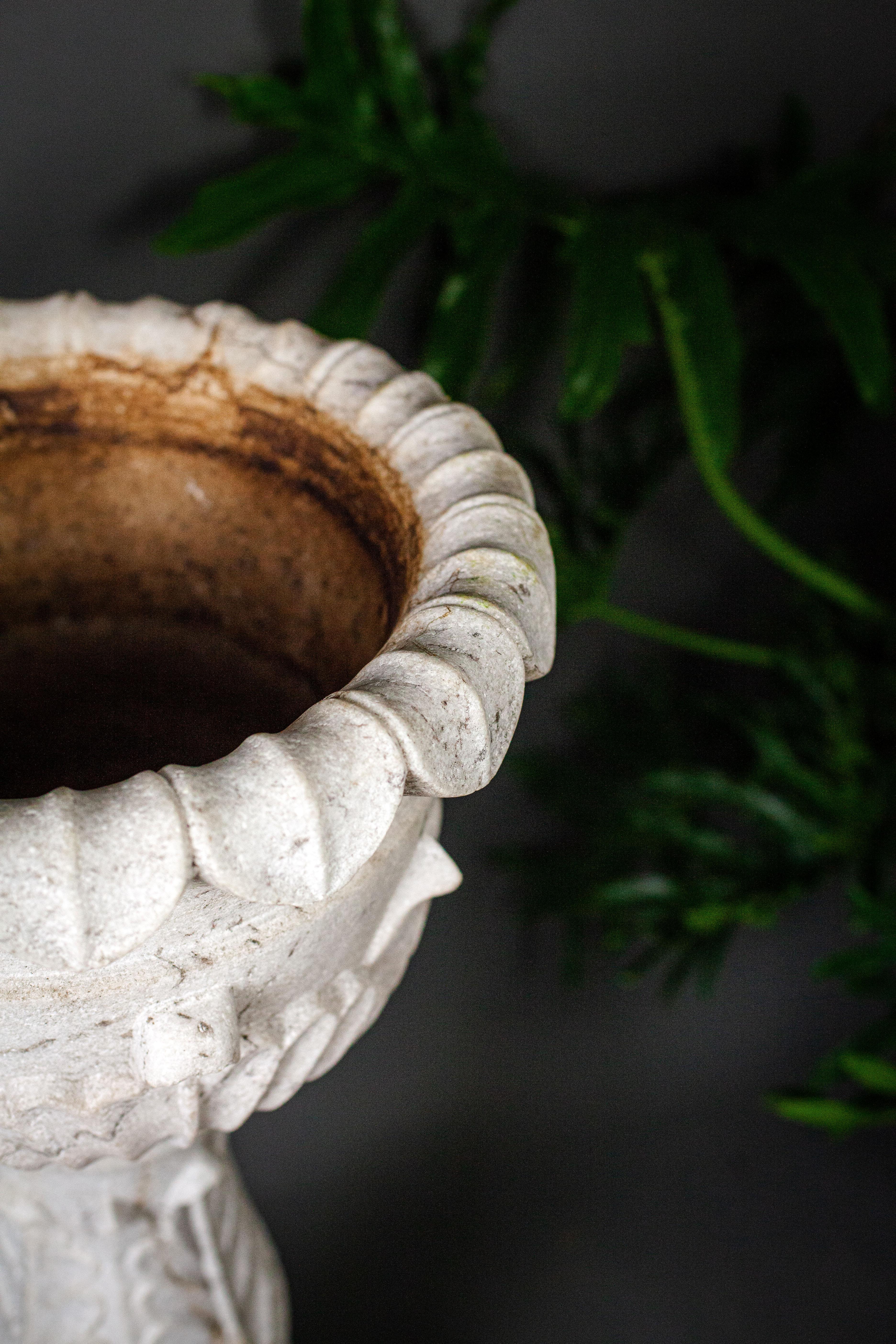 Hand-Carved Marble Carved Jardiniere and Stand