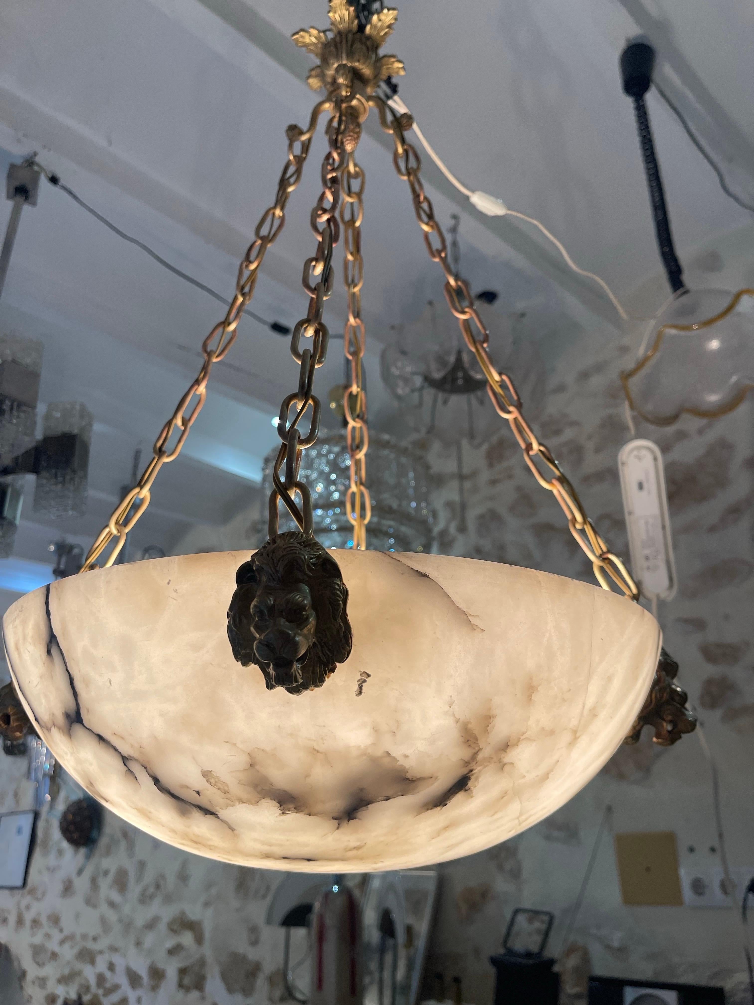 Early 20th Century Marble chandelier with full bronze structure large model, France 1920 For Sale