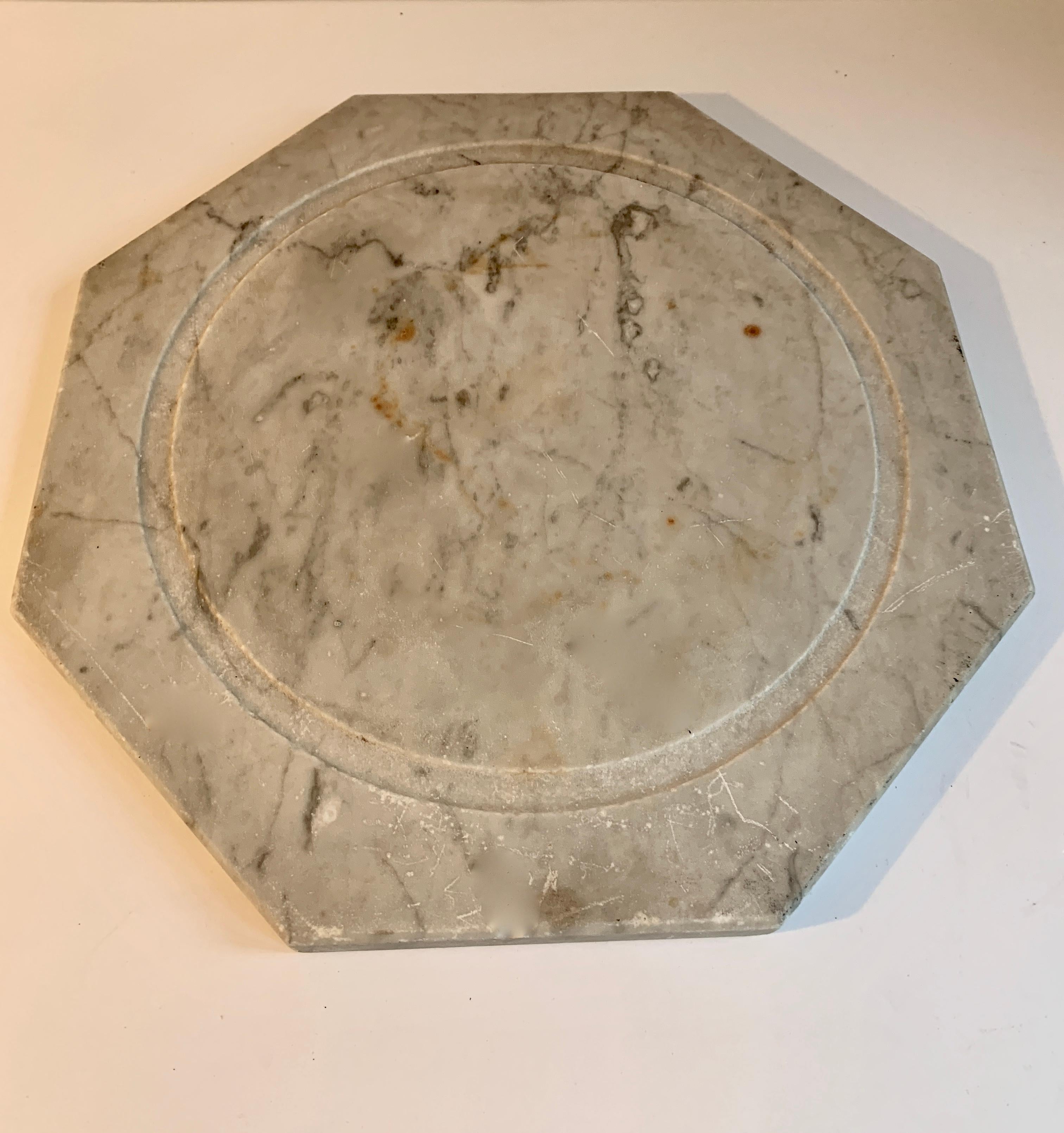 Marble cheese server with bell jar dome, a wonderful piece, ready for your favorite cheeses and fruits, or simply for display of flowers or even art. The marble has some staining and patina but very clean.

The marble has an indentation where the