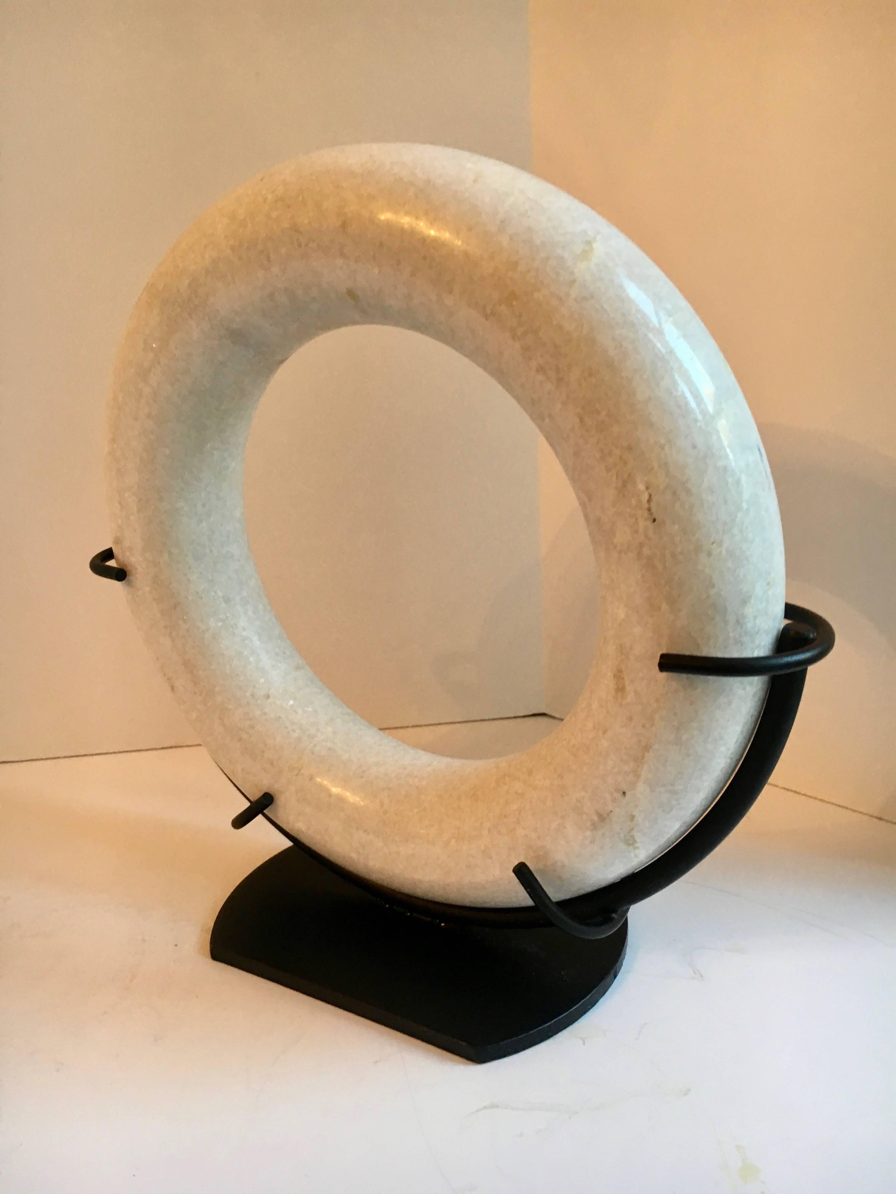 Mid-Century Modern Marble Circular Disk Sculpture in Custom Metal Stand