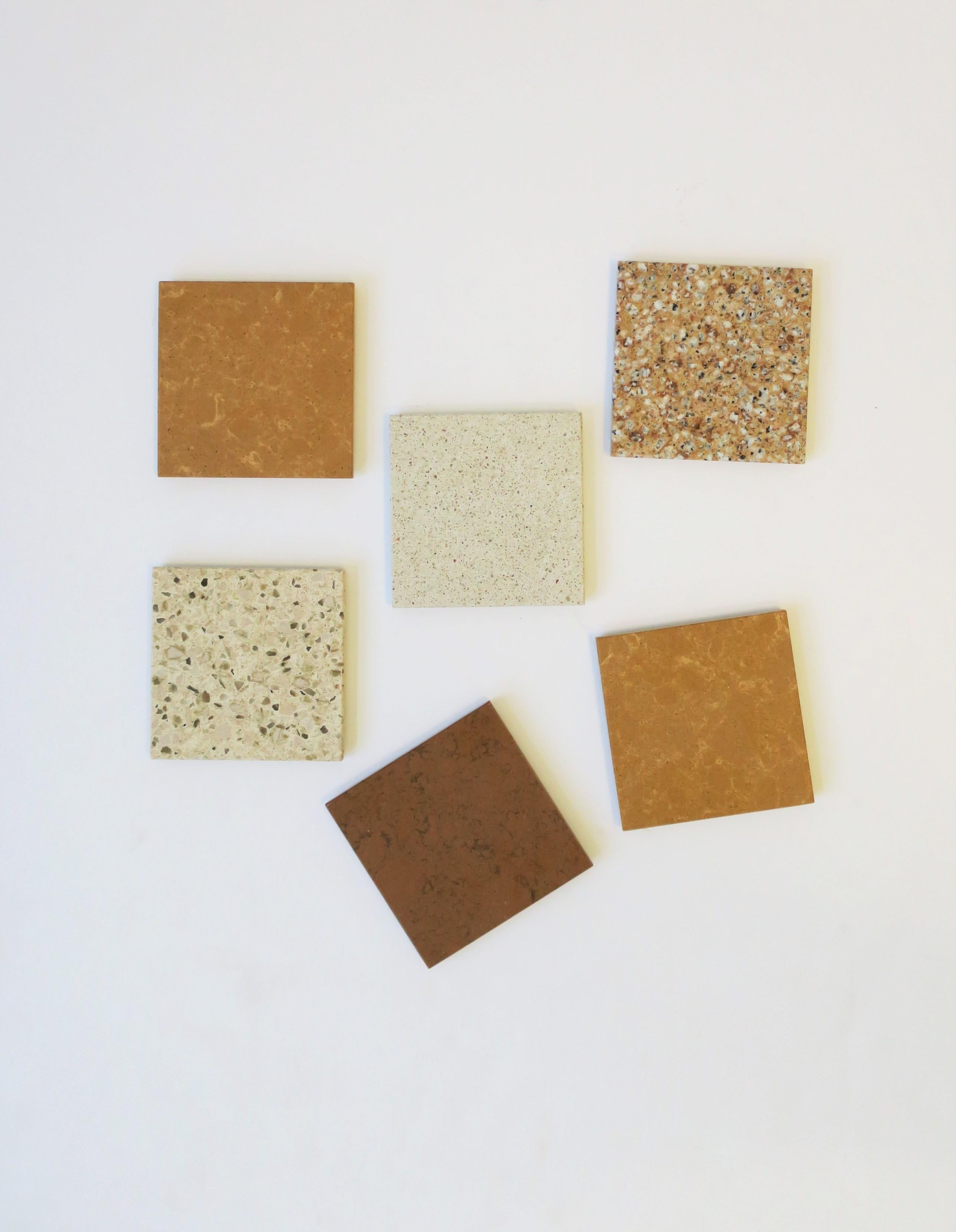A beautiful set of six (6) modern or Minimalist style stone coasters for drinks, cocktails, champagne, etc. A great addition to any bar or bar cart; a necessity for protecting furniture surface/top. In browns, tan, and neutral hues.

 
