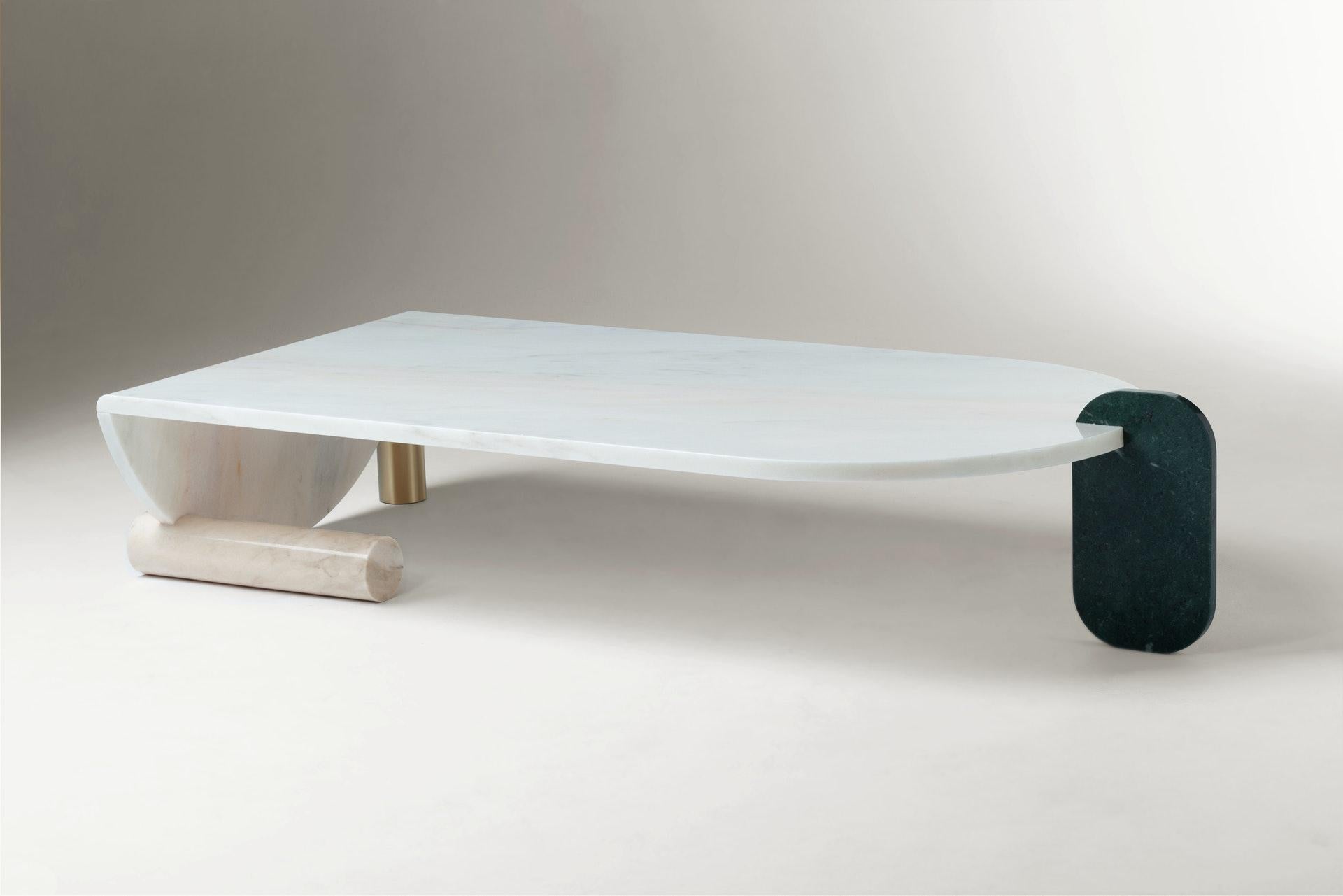 Playing Games Marble Coffee Table by Dooq
Measures: W 168 cm 71”
D 80 cm 32”
H 32 cm 13”

Materials: Top marble: Guatemala green, estremoz white,
estremoz rose, Carrara
side and cilindric base marble: Guatemala green,
estremoz white, estremoz rose,