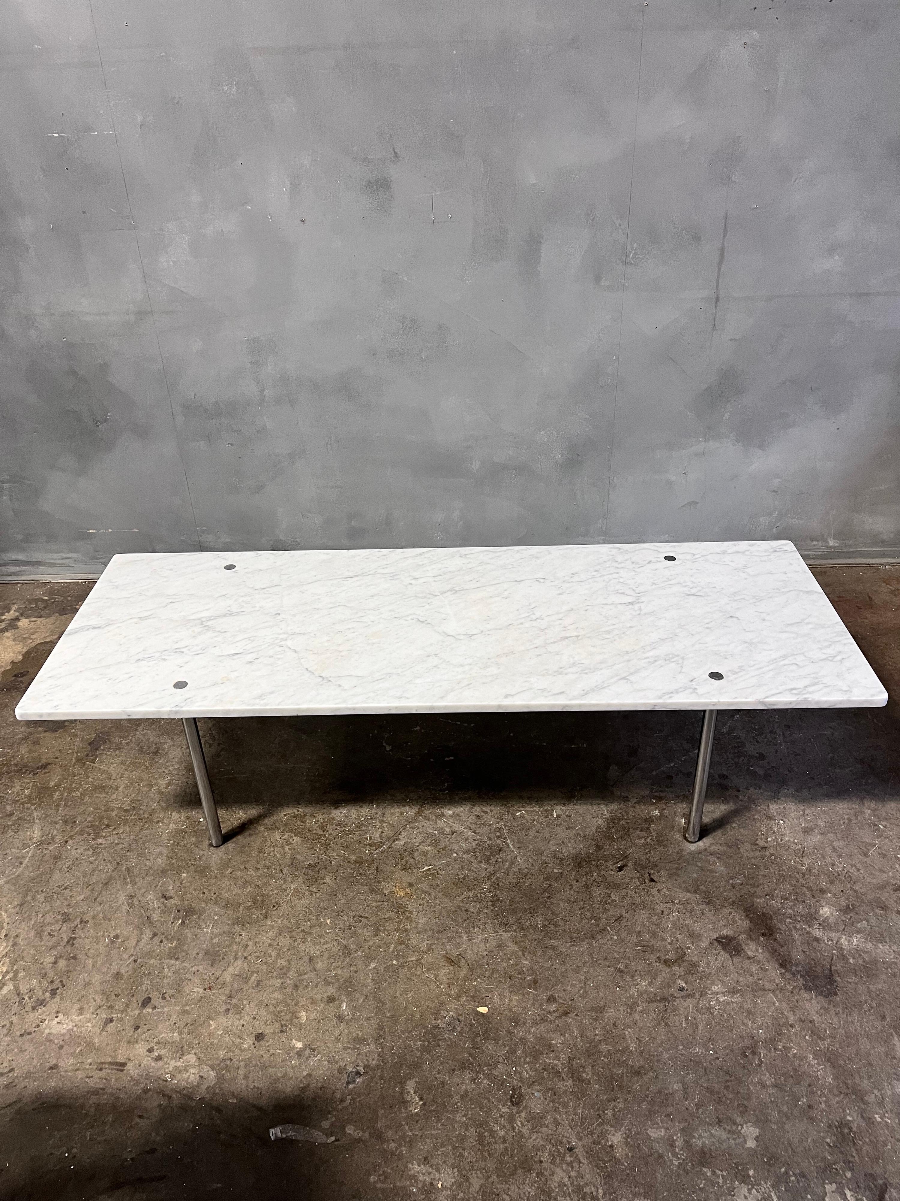 William Katavolos, Ross F. Littell & Douglas Kelley for LaVerne Originals
Coffee table, model 2-M
New York, New York, 1960's
Marble, chrome-plated steel

Marble in good original condition with no chips or cracks, or scrapes. Heavy chromed legs