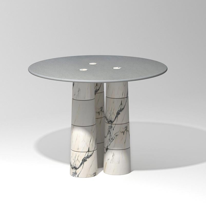 Marble coffee table by Samuele Brianza
Dimensions: 100 x 100 x 75 cm
Materials: 
Paonazzo marble 12 blocks
Glass round top

Primo is a modular system made of load-bearing marble elements and shelves that fit together within a simple